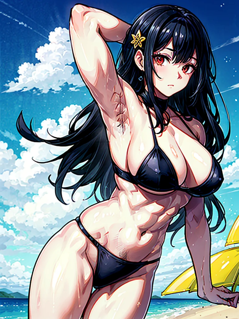 (((masterpiece、Highest image quality、highest quality、highly detailed unity 8kwallpaper)))、((Illustration of one girl))、(((beautiful girl)))、((black hair:1.3、straight hair、Very Longhair、golden hair ornament、red eyes))、(tall:1.3、stocky build:1.3, thickset physique, muscular legs, broad shoulders, solid chest)、(((black hair、hairy armpits:1.4)))、(armpit hair:1.4)、swimsuit、sandy beach
