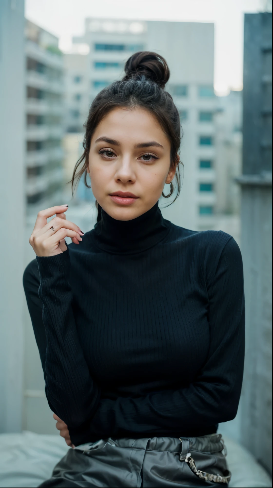 one beautiful woman, rebel, oval face, senseful lips, big brown eyes, 30 years old, slim sporty body, middle size breast, leaning back on a sofa, full body, half-side view, wearing tights and oversize sweatshirt, long dark brown hair, clothes are whole and consitant, no text, night time, backgorund blurred, cinematic lighting, motion blur, film grain, very detailed, 30 years, dark brown eyes, high-res, masterpiece, best quality, intricate details, highly detailed, sharp focus, detailed skin, realistic skin texture, texture, detailed eyes, professional, 4k, 85mm, shallow depth of field, perfect fit body, extremely detailed, photo_\(ultra\), photorealistic, realistic, post-processing, maximum detail, roughness, real life, ultra realistic, photorealism, photography, 8k uhd, photography (grain of film) medium shot for closeup shot, longer slimer face, perfect face, HANDS ARE HIDDEN, natural legs, wearing tights, natural arms
