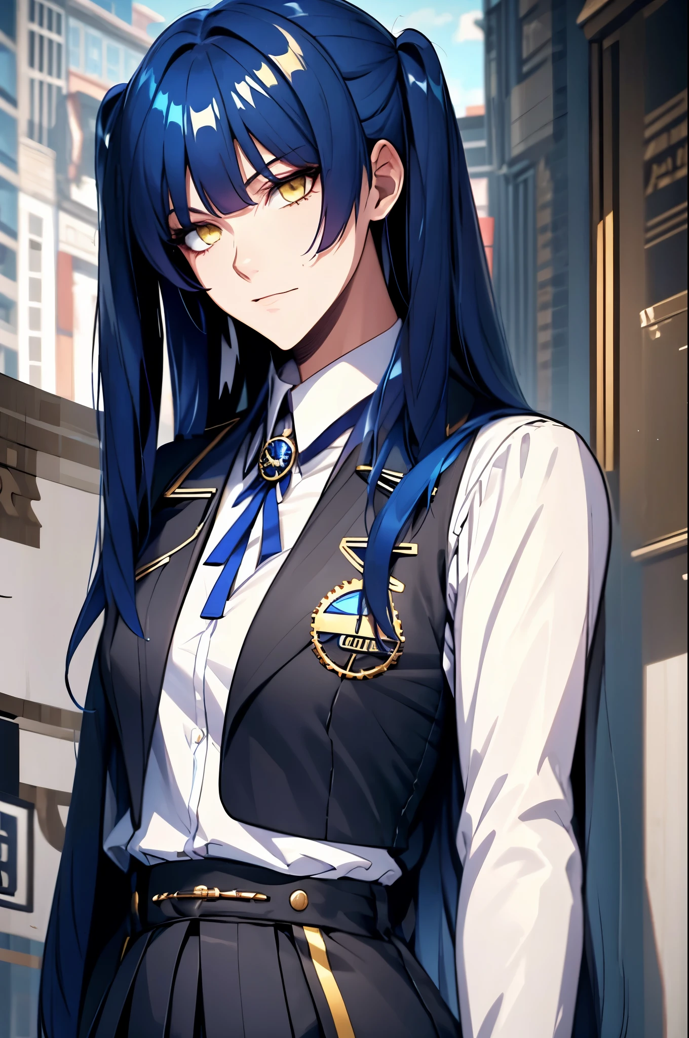 long hair, blue hair, yellow eyes, (twintails:1.1) blue suit, skirt, shirt, school uniform, badge on the chest