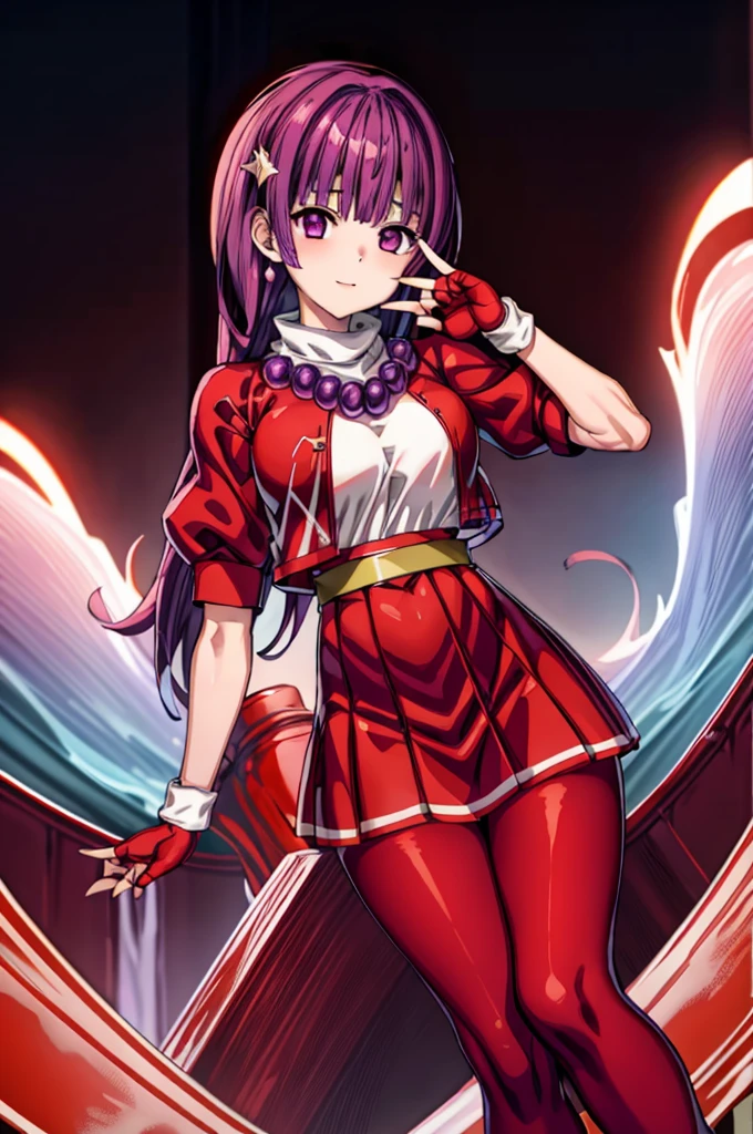 (masterpiece)、(highest quality)、(super detailed)、 perfect antomy,、intricate details、athena 97、(1 girl)、solo、purple eyes、purple hair、hair length、white earrings、red hair band、star hair ornament、Medium breathing、red vest、white turtleneck、White Puff Sleeves、short sleeve、red pleated skirt、(Crimson pantyhose:1.2)、black pantyhose、yellow belt、purple spherical necklace、red fingerless gloves、white short socks、red shoes、evil smile、NSFW、、anime style、(Blood on the face:1.4)、(combat readiness:1.6)、hypnorolla、
empty eyes,full body figure