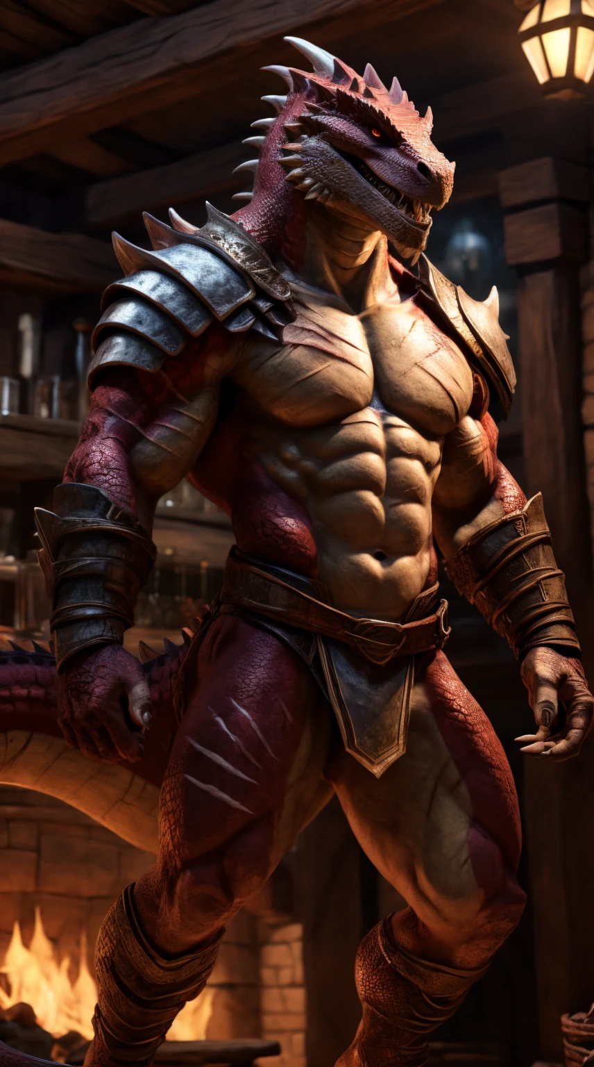A lizard man, raptor like legs, thick long tail, scars on arms, smooth body, proporcional body, abs, toned, light belly, illustration, (best quality, 4k, highres, masterpiece:1.2), ultra-detailed, realistic,sharp focus, vivid colors, warm lighting, full body, barbarian armor, pauldrons, open wide chest, light armored, crimson scales on body, tavern background, full body