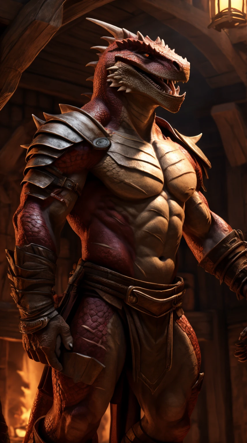 A lizard man, raptor like legs, thick long tail, scars on arms, smooth body, proporcional body, abs, toned, light belly, illustration, (best quality, 4k, highres, masterpiece:1.2), ultra-detailed, realistic,sharp focus, vivid colors, warm lighting, full body, barbarian armor, pauldrons, open wide chest, light armored, crimson scales on body, tavern background, full body