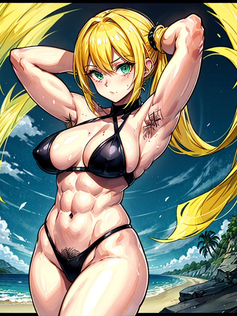 (((masterpiece、Highest image quality、highest quality、highly detailed unity 8kwallpaper)))、((Illustration of one girl))、(((beautiful girl)))、((blonde、pixie cut:1.2、two side up、sidelocks、green eyes))、(((tall、stocky build, thickset physique:1.3, muscular legs, broad shoulders, solid chest)))、(((Golden bristles、hairy armpits:1.4)))、(armpit hair:1.4)、swimsuit、sandy beach