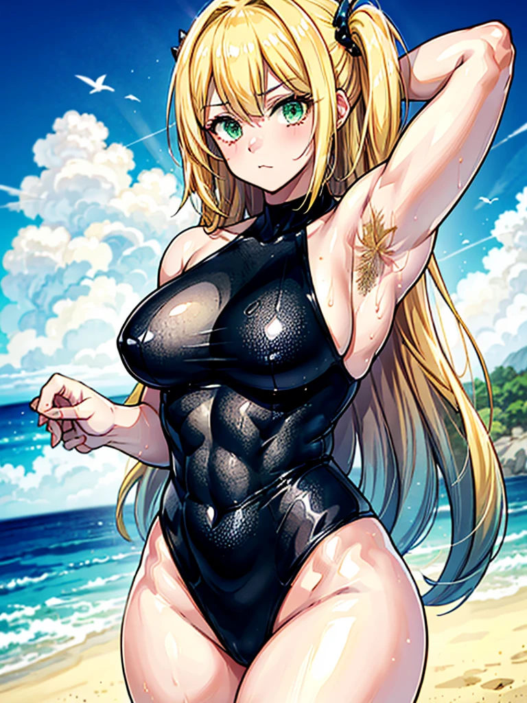 （（（masterpiece、Highest image quality、highest quality、highly detailed unity 8ｋwallpaper）））、（（Illustration of one girl））、（（（beautiful girl）））、（（blonde、pixie cut：1.2、two side up、sidelocks、green eyes））、（（（tall、stocky build, thickset physique：1.3, muscular legs, broad shoulders, solid chest）））、（（（Golden bristles、hairy armpits：1.4）））、(armpit hair:1.4)、swimsuit、sandy beach