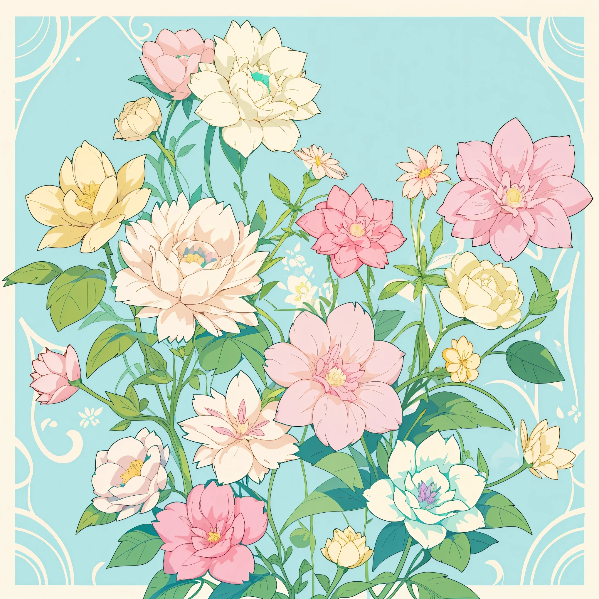 Set pattern of large flowers with plants, defined shape, flat style, vector style, drawing style, naïve style, wallpaper style, in soft pastel colors such as old pink, pastel blue, light blue, beige, pastel violet, pastel yellow and white. No shadows in the images.