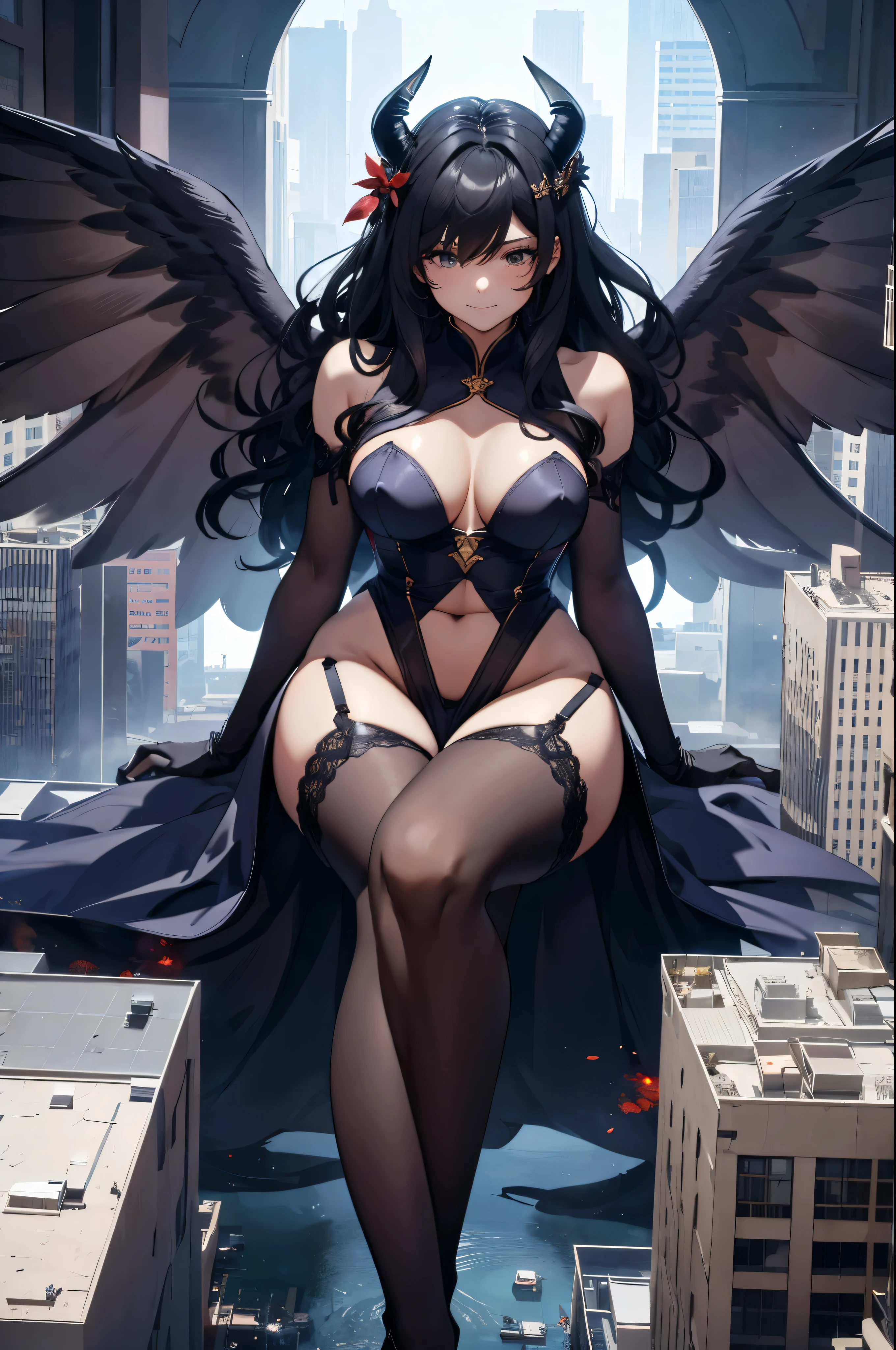 Aerial View,giant girl 50,000 feet high,Have a pair of long legs,Has a pair of huge angel wings,With huge devil horns on his head,Has waist-length black hair,loose hair,Wearing a pair of Mary Jane heels,Big black wavy curls,lace gloves,lace pantyhose,蕾丝whole body,Standing upright on a tall building,城市到处是blood stains,Beautiful appearance,Exquisite makeup,quality,8k,高quality,(governor:1.5),Perfect proportion, Cinema lighting,film grain,Fuji colors,8k,textured skin,Super details,high detail,high resolution,explode,fake smile,blood stains,脚底有blood stains,whole body,Obese