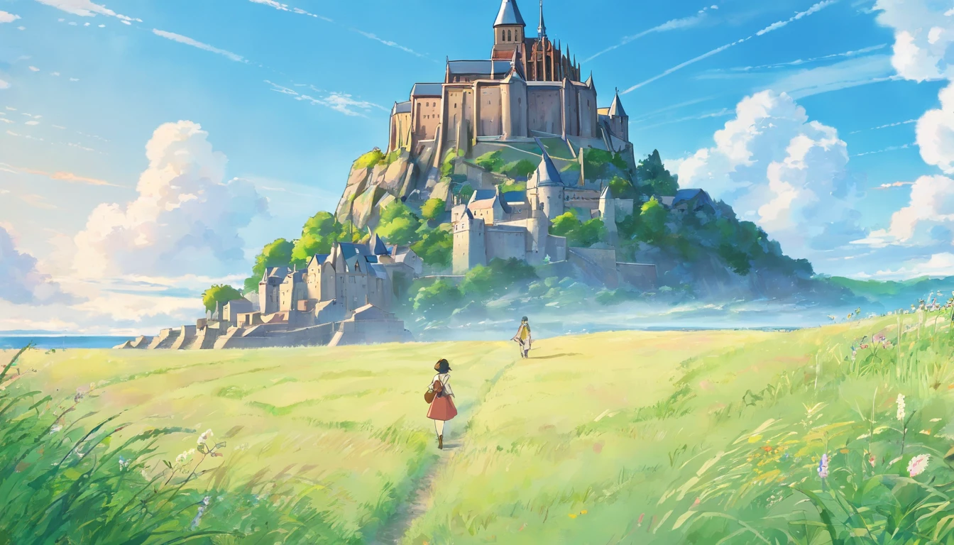Mont Saint-Michel、Shooting with a wide-angle lens、A vast grassland spreads out all over、
