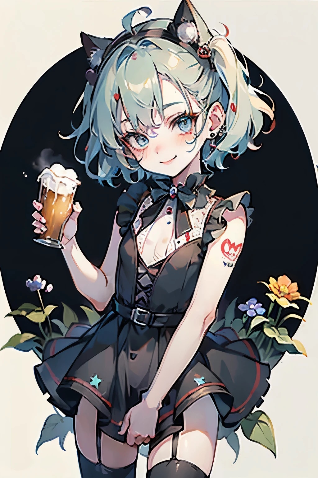 young girl, blue hair, clown girl, painted face with white, clown picture, 18 years old, small breasts, small biotype, bob hair, tattoed arms, black tattos, piercings in face, , black dress, black letter dress, short dress, punk dress, wearing fishnet stockings, black boots, smiling, looking at viewer, holding beer cup, 4k, masterpiece