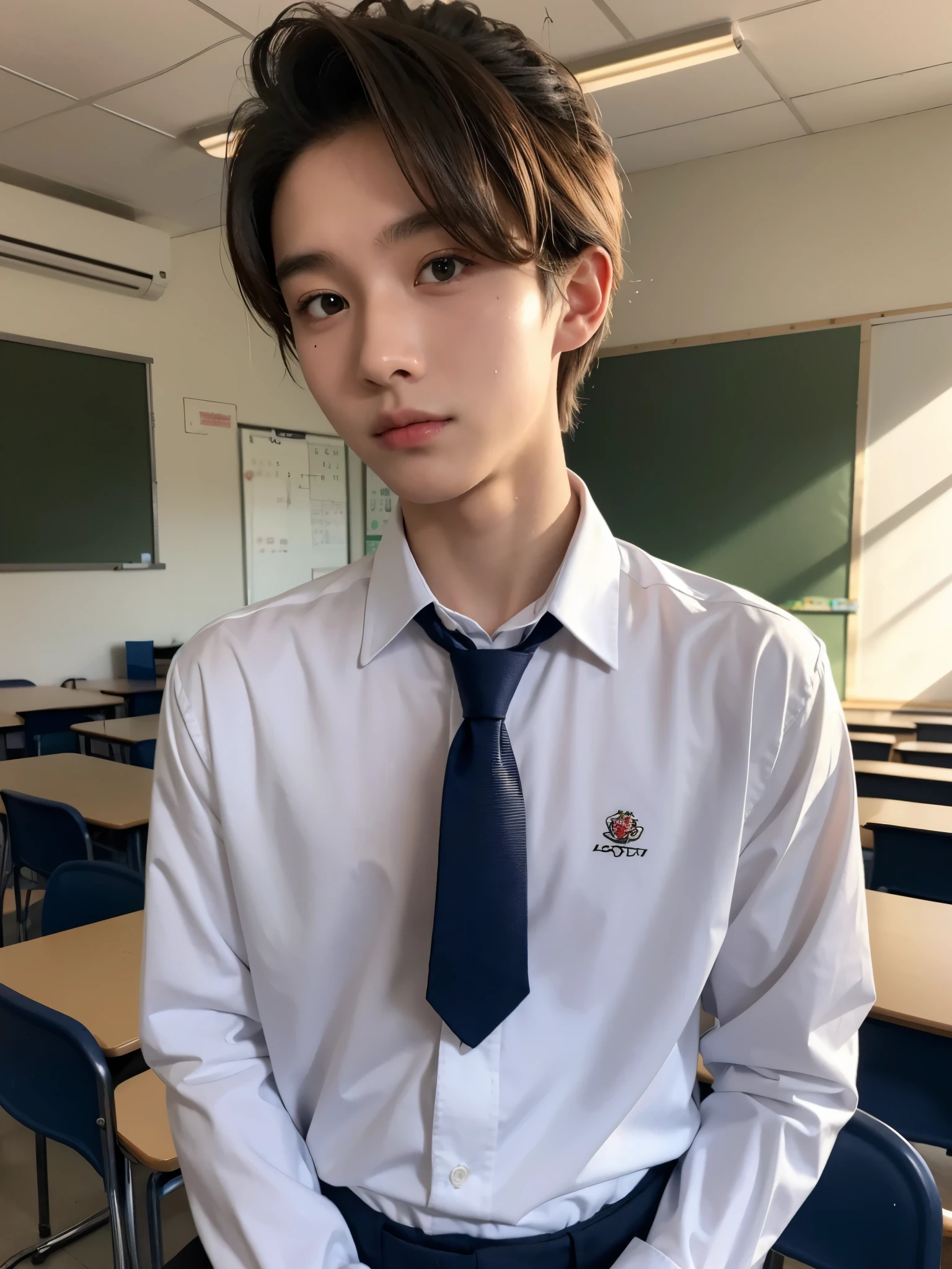 boy, 17 y.o, handsome, comma hair, long-sleeved shirt, tie, classroom, high school