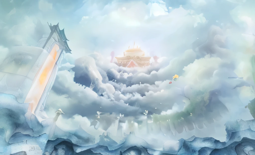 There is a painting of a castle in the clouds,The background is the sky, city floating in the clouds, Cloud Palace, floating city in the sky, Feiyun Castle, palace floating in the sky, palace floating in the air, land floating in the clouds, temple background, A city in the clouds, Lying in Baiyun Wonderland, kingdom of light background, Anime Cloud,There are Erlang God and Giant Spirit God on the left and right sides respectively.,There are countless heavenly soldiers and generals holding weapons in the middle,A fierce and evil look,There are Erlang God and Giant Spirit God on the left and right sides respectively.,There are countless heavenly soldiers and generals holding weapons in the middle,A fierce and evil look,There are Erlang God and Giant Spirit God on the left and right sides respectively.,There are countless heavenly soldiers and generals holding weapons in the middle,A fierce and evil look