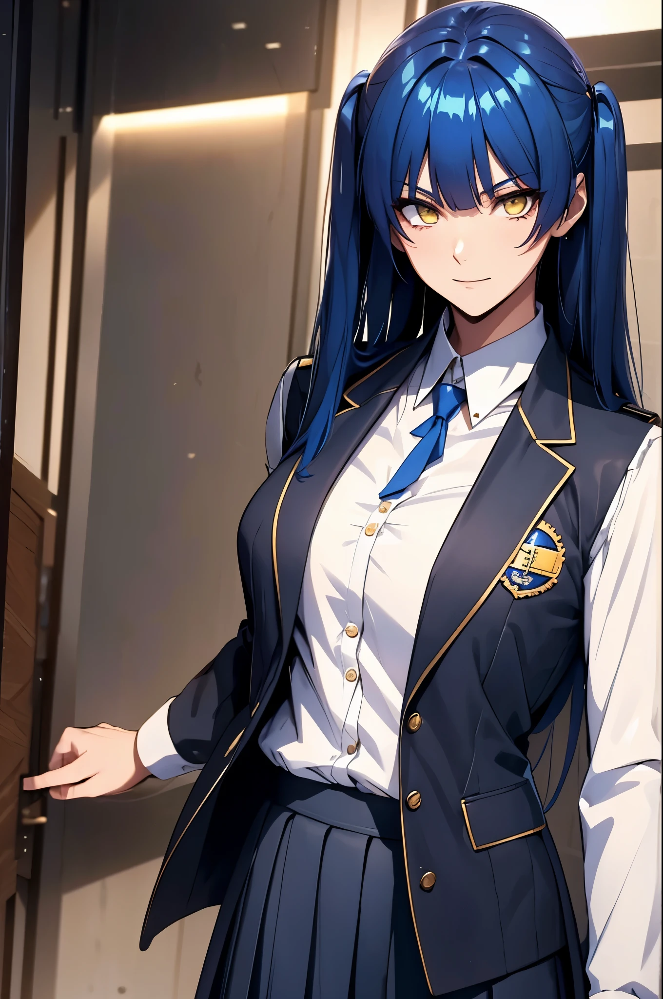 long hair, blue hair, yellow eyes, (twintails:1.1) blue suit, skirt, shirt, school uniform, badge on the chest
