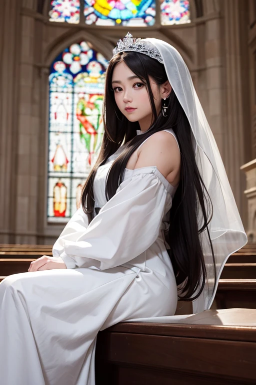((melhor qualidade)), ((obra de arte)), (detalhado), perfect face long hair wearing long dresses covering the entire arms sitting on the bench holding a bible with rosary and veil on the head seen from the side in a church background with images of Jesus window with shining light