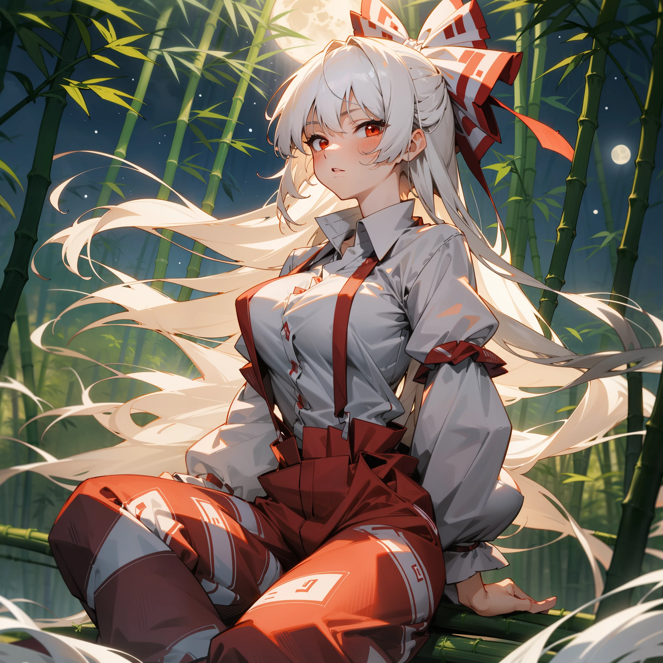 Fujiwara no Mokou(from Touhou) in bamboo forest. She has big tits. She has white hair, red eyes. She's wearing a white shirt, sit, night, moon, hair ribbons, perfect anatomy