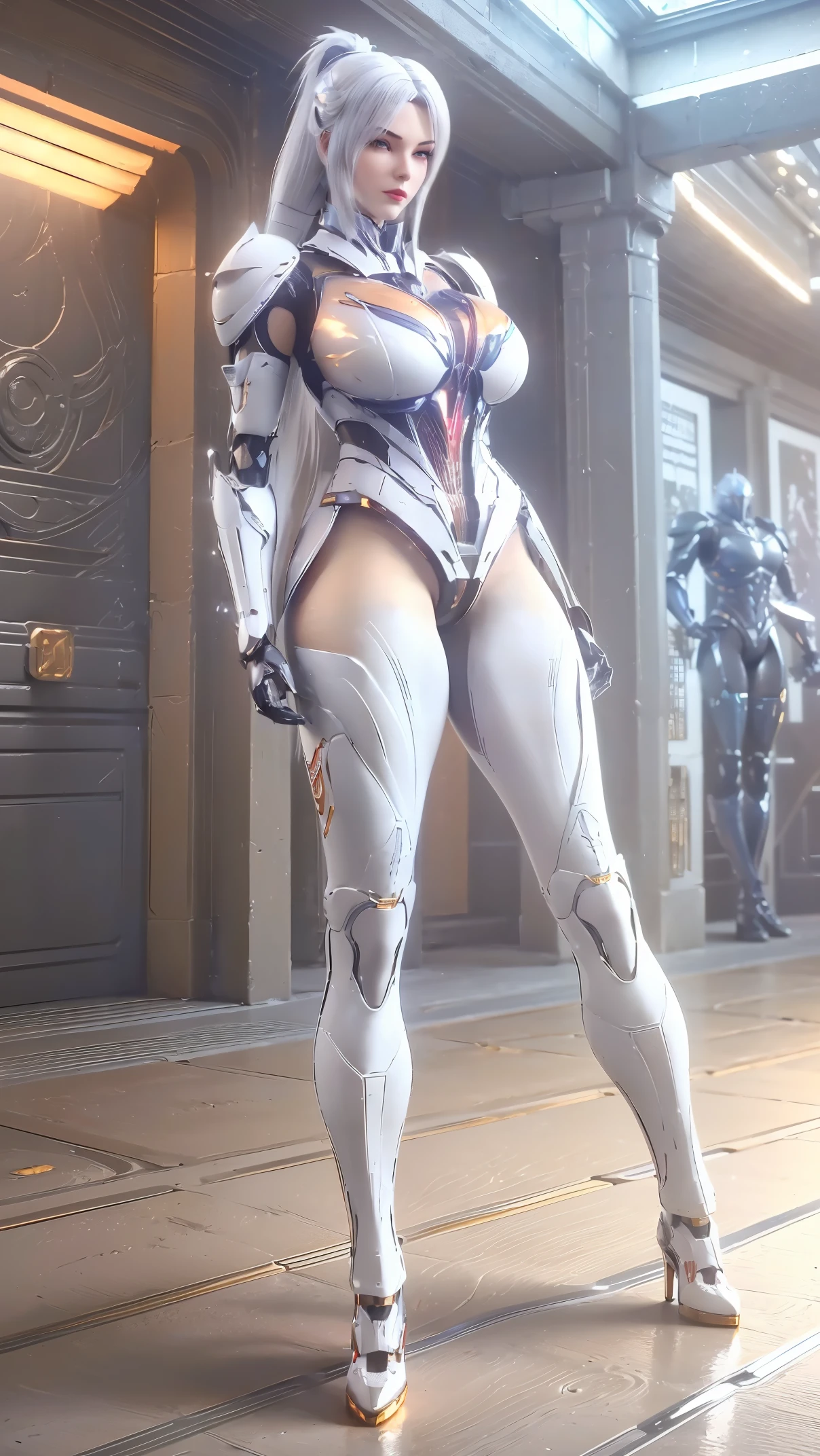 A beauty girl with white hair, (REALISTIC:1.2), (PHOENIX GOLD HELM:1.1), (BIG BUTTOCKS, HUGE FAKE BREAST:1.5), (CLEAVAGE:1.5), (BARE MUSCLE ABS:1.3), (MECHA GUARD ARMS:1.1), (RED SHINY FUTURISTIC MECHA BREASTPLATE, BLACK MECHA SKINTIGHT SUIT PANTS, MECHA GUARD ARMOR LEGS, HIGH HEELS:1.5), (MUSCULAR BODY, SWEATY SKIN, SEXY LONG LEGS:1.1), (LOOKING AT VIEWER:1.3), (female focus:0.9), (WALKING HALLWAY OF FUTURISTIC SPACE STATION:1), (BRIGHT LIGHT WHITE_ROOM:1.3), HYPER TEXTURE, 4X MSAA, UNREAL ENGINE RENDER, PHYSICALLY-BASED RENDERING, ULTRA HIGHT DEFINITION, 16K, 1080P.