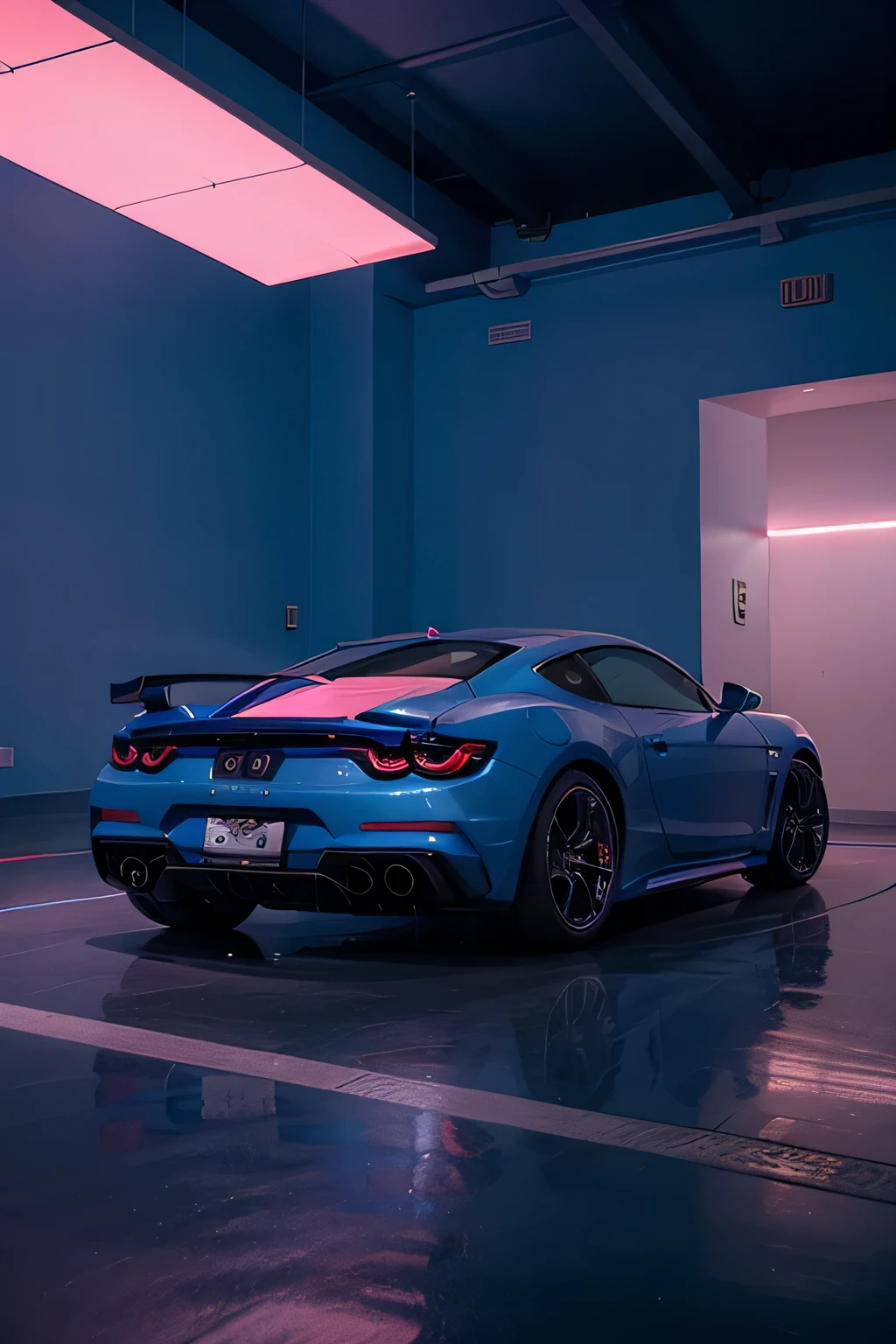 Detailed realistic sports car in a blue and pink lighting environment, cidade a noite