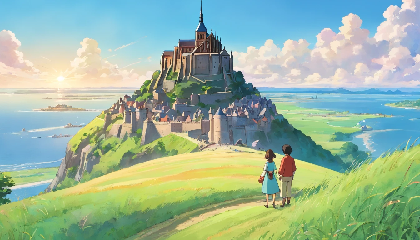Mont Saint-Michel、Shooting with a wide-angle lens、A vast grassland spreads out all over、A man and a woman looking down from the top of a hill