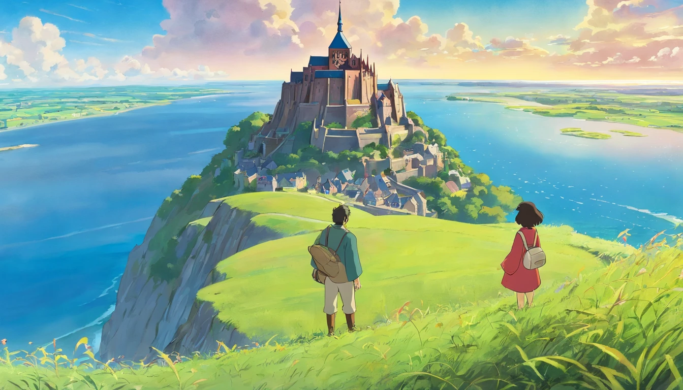 Mont Saint-Michel、Shooting with a wide-angle lens、A vast grassland spreads out all over、A man and a woman looking down from the top of a hill
