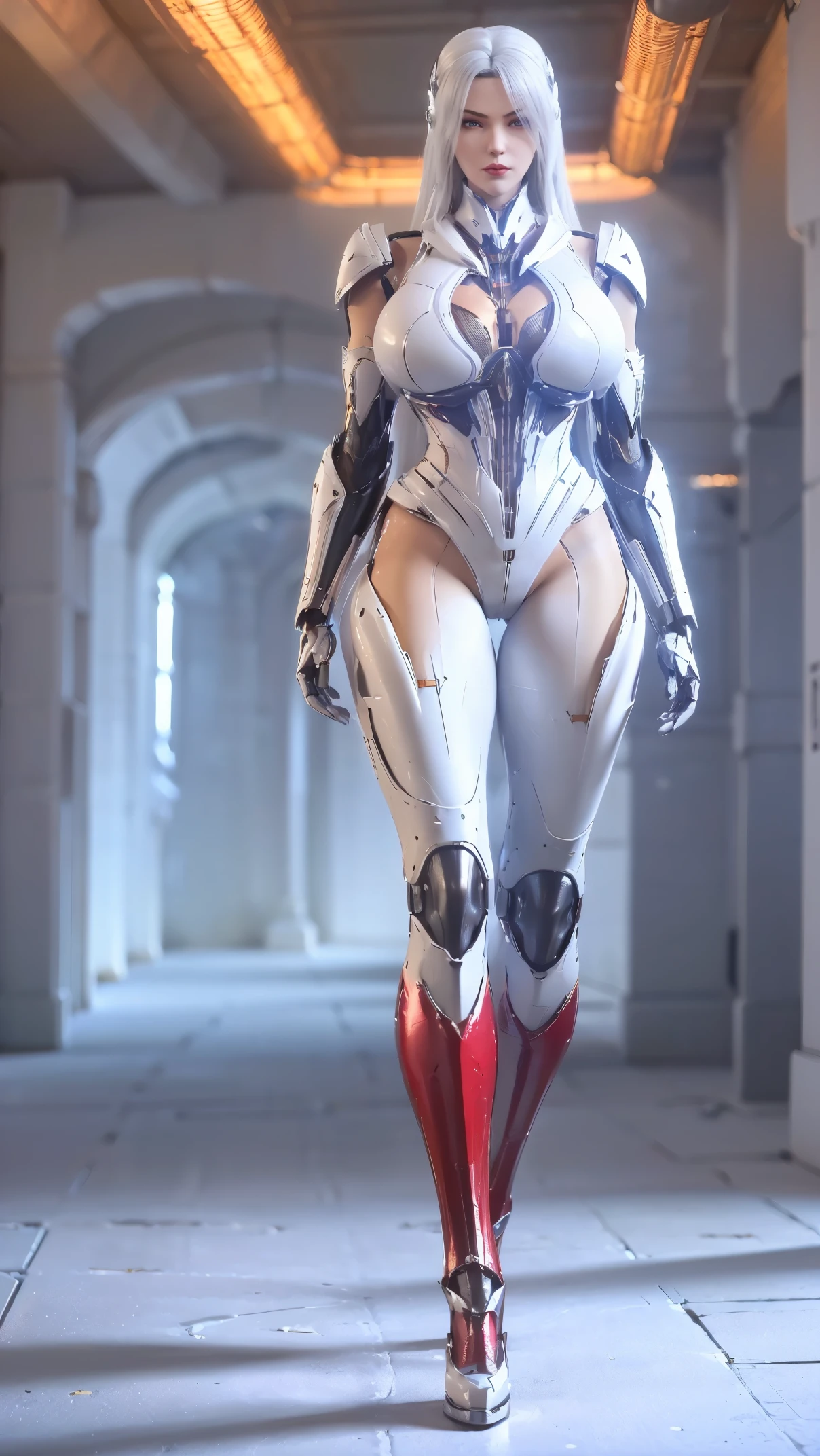A beauty girl with white hair, (REALISTIC:1.2), (PHOENIX GOLD HELM:1.1), (BIG BUTTOCKS, HUGE FAKE BREAST:1.5), (CLEAVAGE:1.5), (BARE MUSCLE ABS:1.3), (MECHA GUARD ARMS:1.1), (RED SHINY FUTURISTIC MECHA BREASTPLATE, BLACK MECHA SKINTIGHT SUIT PANTS, MECHA GUARD ARMOR LEGS, HIGH HEELS:1.5), (MUSCULAR BODY, SWEATY SKIN, SEXY LONG LEGS:1.1), (LOOKING AT VIEWER:1.3), (female focus:0.9), (WALKING HALLWAY OF FUTURISTIC SPACE STATION:1), (BRIGHT LIGHT WHITE_ROOM:1.3), HYPER TEXTURE, 4X MSAA, UNREAL ENGINE RENDER, PHYSICALLY-BASED RENDERING, ULTRA HIGHT DEFINITION, 16K, 1080P.