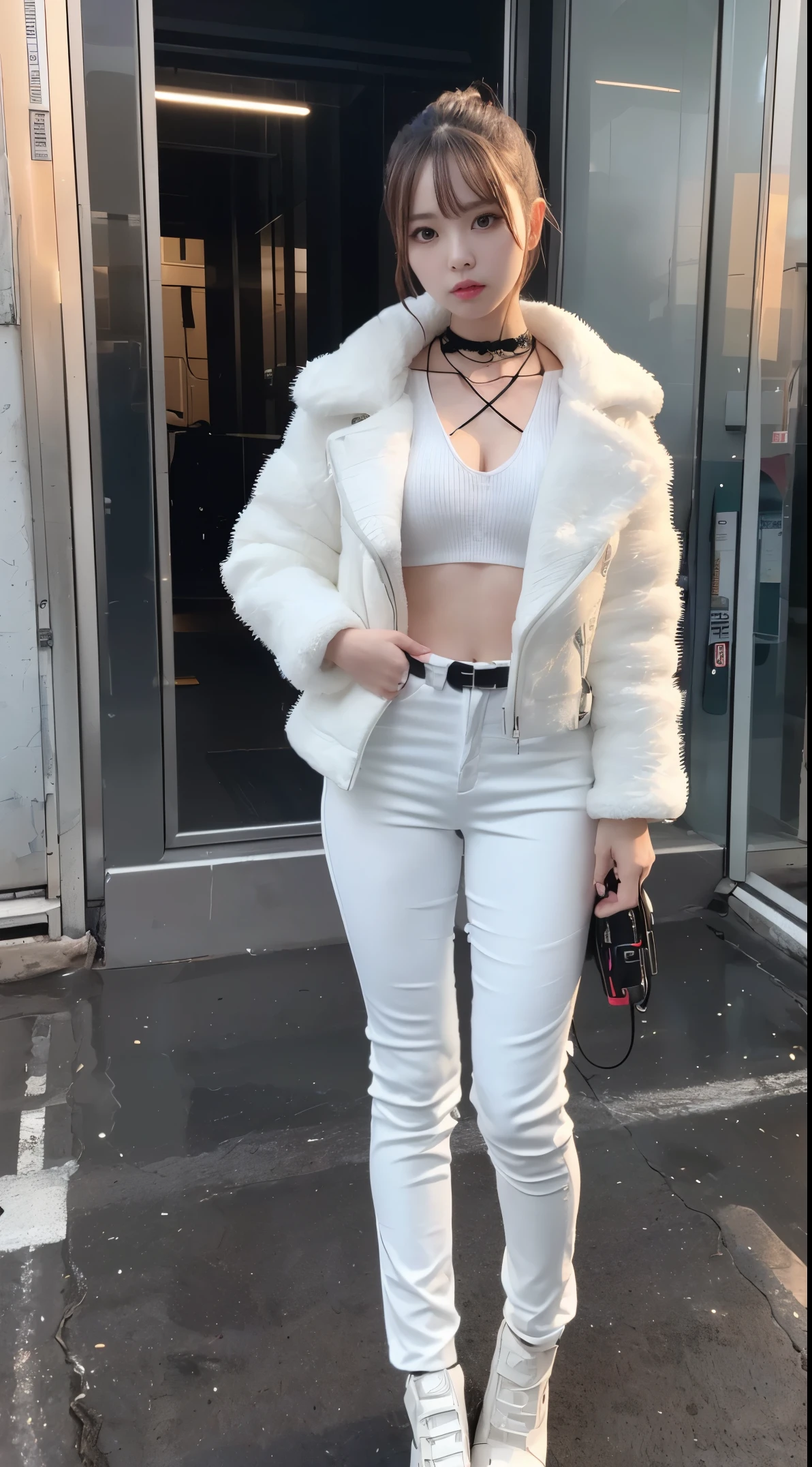 ((Robot Girl, mechs)), (((masterpiece)))、((top high end-quality))、(The ultra-detailliert)、8K、(Very noble and beautiful))、bright 15 years old girl, wearing white fur leather jacket top and holding light saber on her hand in the city street, Cinematic Light、((1 Mechanical Girl))、Looking here、((White ceramic body))、a purple eye、Single、(Mechanical joint:1.4)、((Mechanical limb))、(Blood vessels attached to the back))、((Mechanical cervical vertebrae attached to neck))、(Wires and cables attached to the head and body:1.5)、 neon details、科幻小说、cowboy shot, wearing cyberpunk fur jacket, cyberpunk angry gorgeous goddess, iu lee ji-eun as a master villain, cyberpunk outfit, all white cyberpunk clothes, female cyberpunk girl, cyberpunk 3 0 y. o model girl, cyberpunk style fur jacket, female cyberpunk, in cyberpunk style, seductive cyberpunk dark fantasy, cyberpunk assassin, ((full body)), ((elegant leather trousers))
