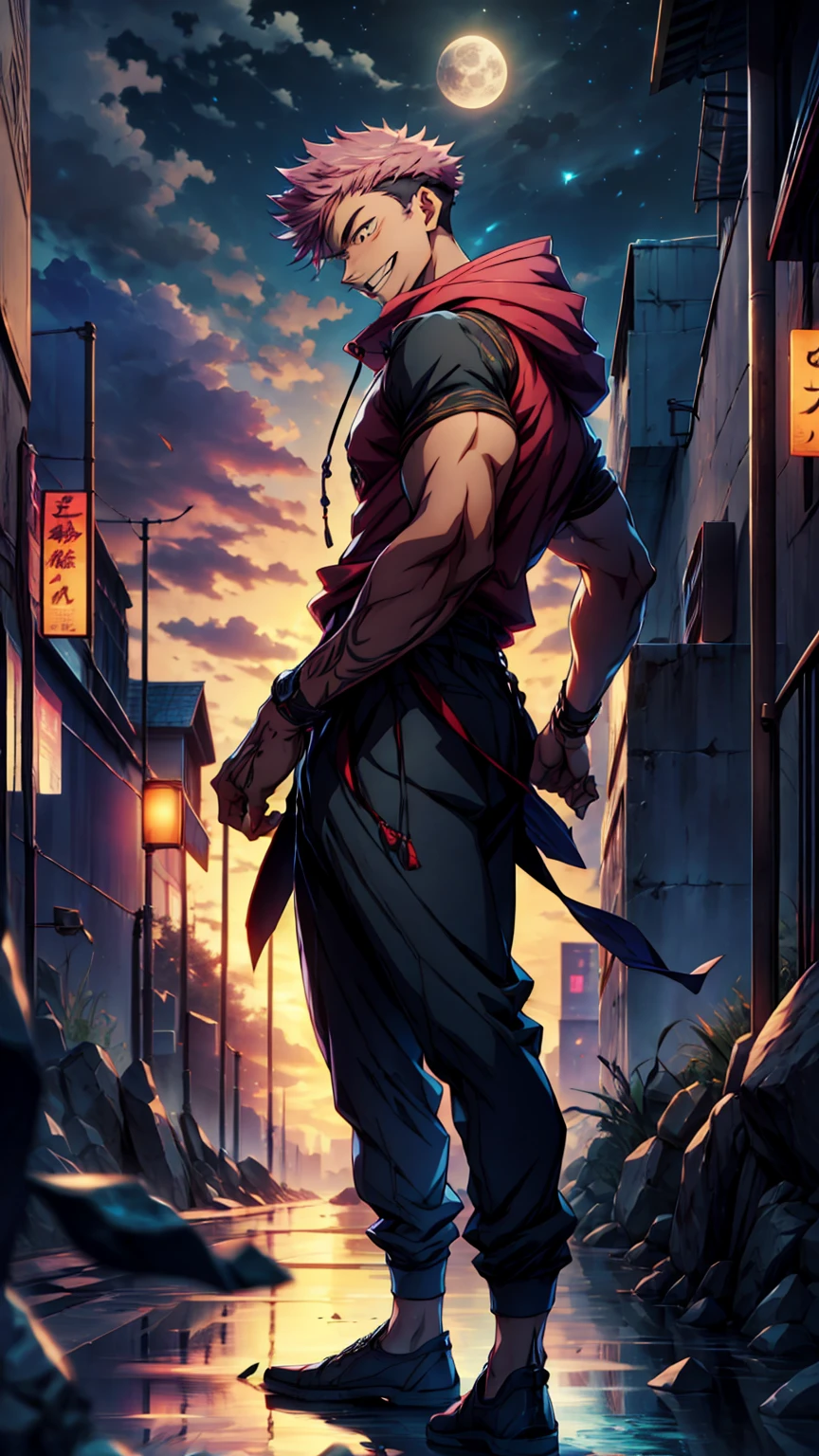 1boy, full body shot, 173 cm,perfect hand and fingers, itadori yuuji, black outfit, pink hair, look at sky, smile, red and dark moon city night background, wallpaper, cinematic,High resolution 8K, Bright light illumination, lens flare, sharpness, masterpiece, top-quality, The ultra -The high-definition, high resolution, extremely details CG, Anime style, Film Portrait Photography,masterpiece,hyperdetail
