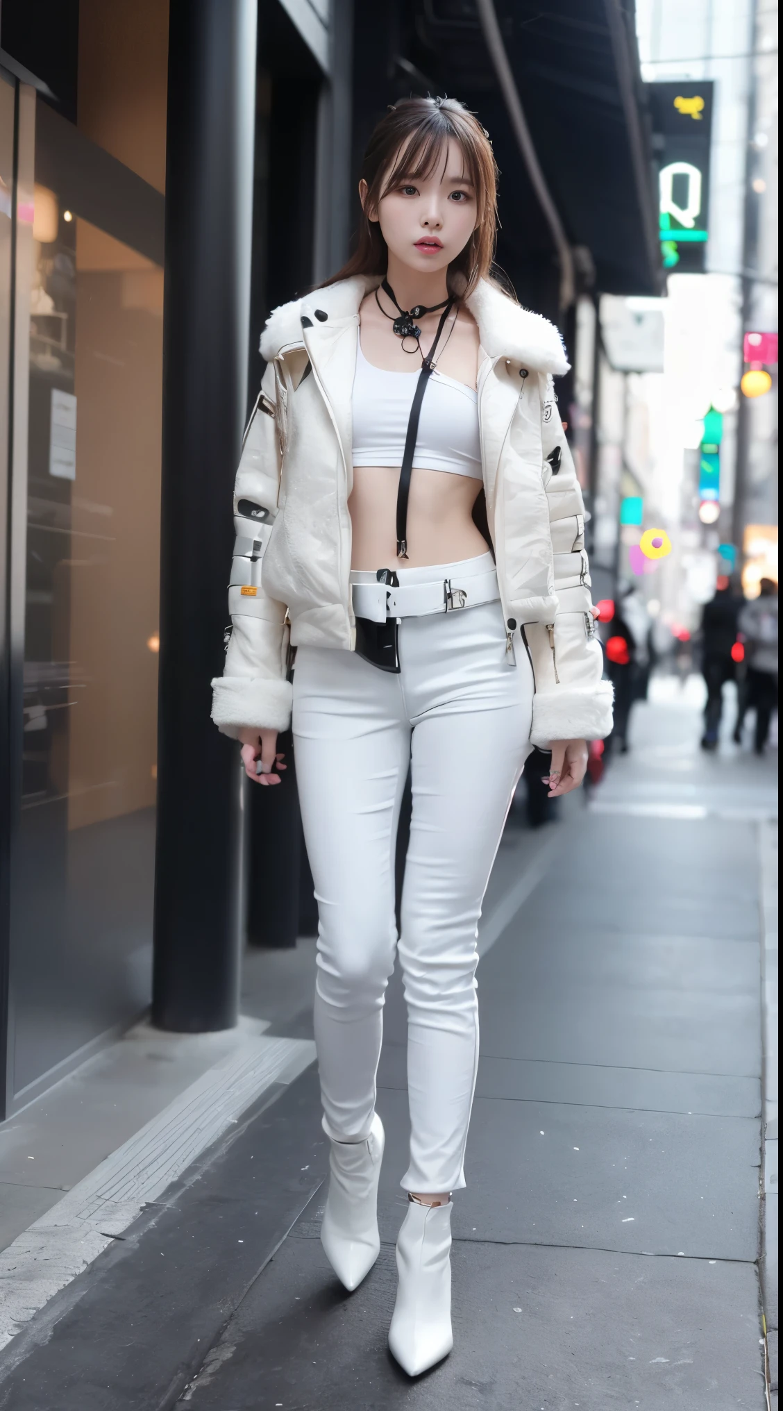 ((Robot Girl, mechs)), (((masterpiece)))、((top high end-quality))、(The ultra-detailliert)、8K、(Very noble and beautiful))、bright girl, wearing white fur leather jacket top and holding light saber on her hand in the city street, Cinematic Light、((1 Mechanical Girl))、Looking here、((White ceramic body))、a purple eye、Single、(Mechanical joint:1.4)、((Mechanical limb))、(Blood vessels attached to the back))、((Mechanical cervical vertebrae attached to neck))、(Wires and cables attached to the head and body:1.5)、 neon details、科幻小说、cowboy shot, wearing cyberpunk fur jacket, cyberpunk angry gorgeous goddess, iu lee ji-eun as a master villain, cyberpunk outfit, all white cyberpunk clothes, female cyberpunk girl, cyberpunk 3 0 y. o model girl, cyberpunk style fur jacket, female cyberpunk, in cyberpunk style, seductive cyberpunk dark fantasy, cyberpunk assassin, ((full body)), ((elegant leather trousers))