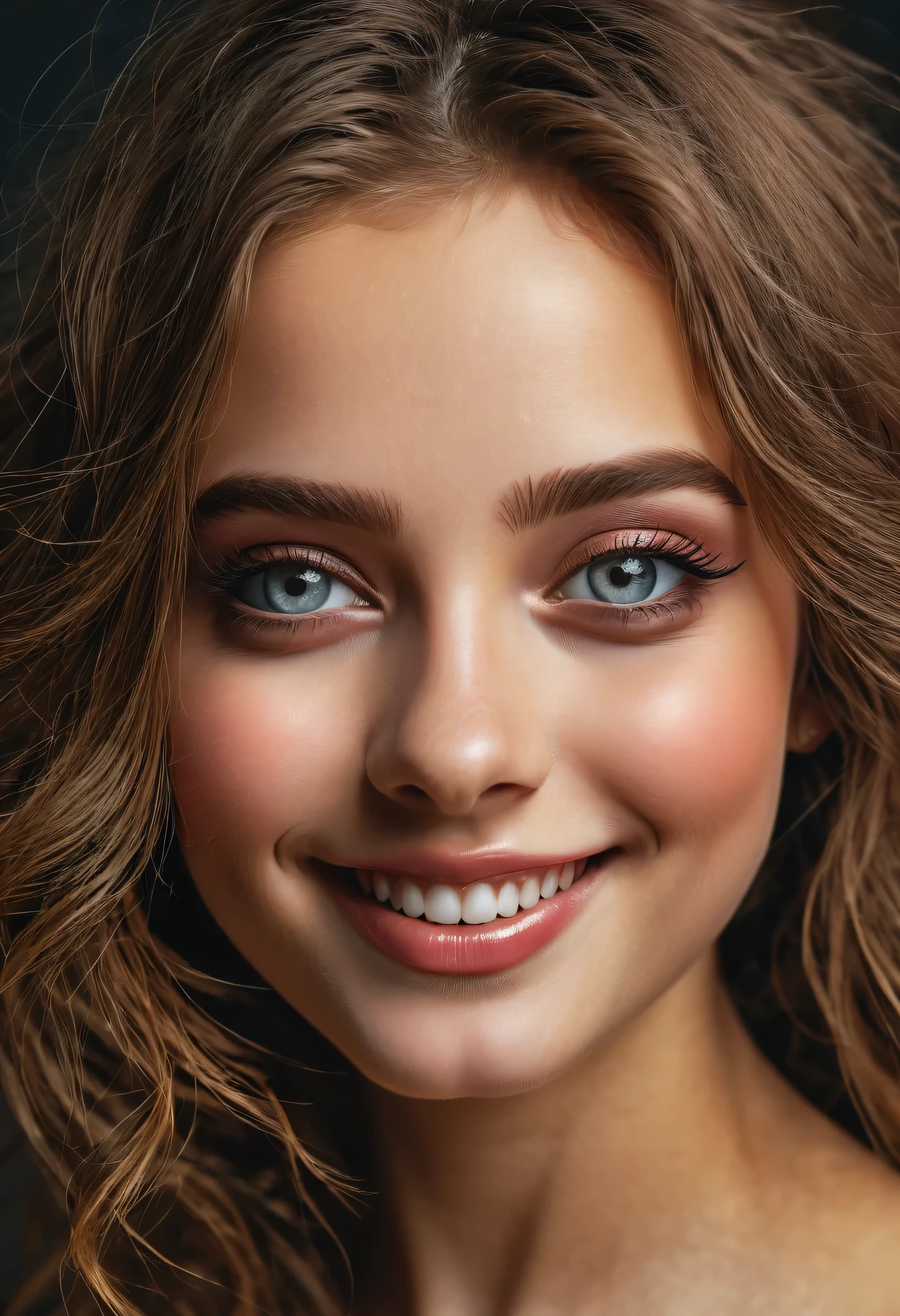 Meisterwerk, best quality, Meisterwerk, God-like quality, Gottgleiche Kunst, Sehr detailliertes Gesicht, sehr realistisch, Niedlich, young girl, smiling, Big eyes, lange Wimpern, mehrfarbiges Haar, mehrfarbige Augen, shiny skin, vollen Lippen, big lips, shiny skin, Blush, herrliche Aussicht