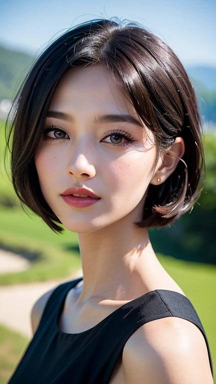 Highest quality, Realistic, 8K, High resolution, 1 Girl, woman, Nice, (Short Bob P: 1.8, Parted bangs: 1.6), View your viewers, (1 Girl's EyesViewer: 1.6), Realistic, (Bokeh), (Floating Hair , lips, Open your mouth: 1.43), Nice, Fine grain,Face close-up,Soft sunlight,Natural light
