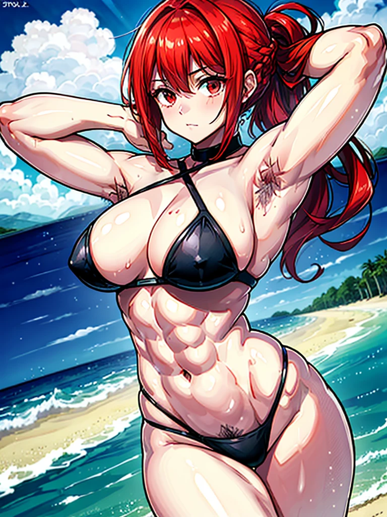 (((masterpiece、Highest image quality、highest quality、highly detailed unity 8kwallpaper)))、((Illustration of one girl))、(((beautiful girl)))、((red hair、Braid、sidelocks:1.2、red eyes))、(((stocky build:1.2, thickset physique:1.3, muscular legs, broad shoulders:1.3, solid chest:1.2)))、(((Red hair、hairy armpits:1.4)))、(armpit hair:1.4)、swimsuit、sandy beach