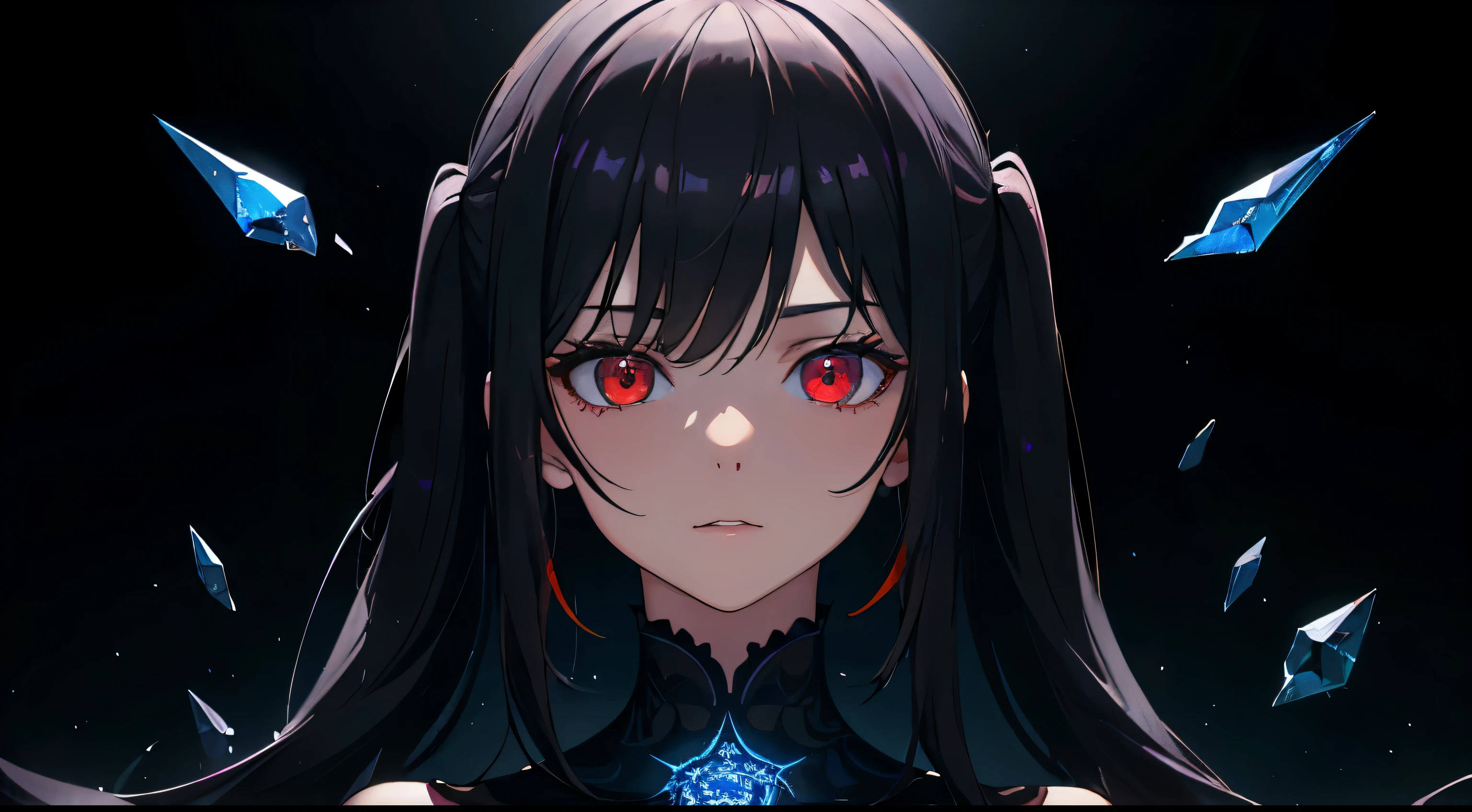 (masterpiece, best quality, ultra-detailed, best shadow), (detailed background,dark fantasy), (beautiful detailed face), high contrast, (best illumination, an extremely delicate and beautiful), ((cinematic light)), colorful, hyper detail, dramatic light, intricate details, (1 girl, solo,black hair, sharp face,low twintails,red eyes, hair between eyes,dynamic angle), blood splatter, swirling black light around the character, depth of field,black light particles,(broken glass),magic circle,