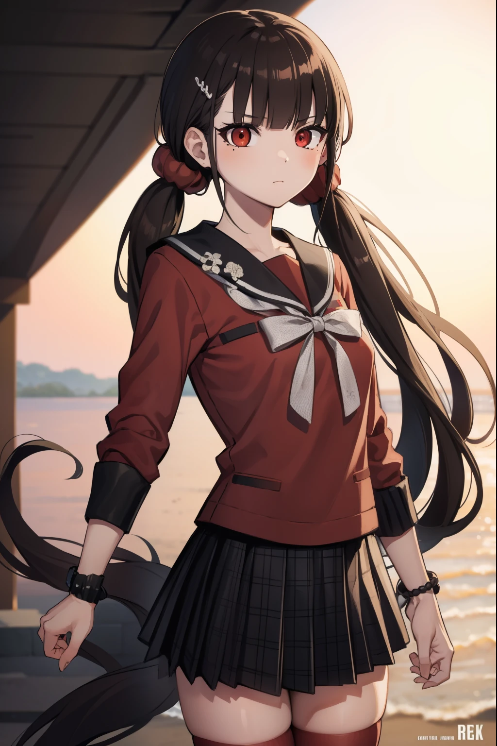 makiharukawa, harukawa maki, long hair, bangs, brown hair, black hair, hair ornament, (red eyes:1.5), twintails, very long hair, hairclip, blunt bangs, mole under eye, low twintails, scrunchie, hair scrunchie, red scrunchie, (small breast:1.2), BREAK skirt, shirt, thighhighs, long sleeves, bow, school uniform, pleated skirt, serafuku, miniskirt, black skirt, sailor collar, mole, bracelet, zettai ryouiki, plaid, plaid skirt, red shirt, black sailor collar, red thighhighs, BREAK looking at viewer, BREAK outside, beach, BREAK (masterpiece:1.2), best quality, high resolution, unity 8k wallpaper, (illustration:0.8), (beautiful detailed eyes:1.6), extremely detailed face, perfect lighting, extremely detailed CG, (perfect hands, perfect anatomy),