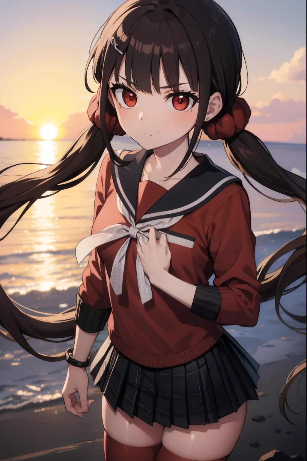 makiharukawa, harukawa maki, long hair, bangs, brown hair, black hair, hair ornament, (red eyes:1.5), twintails, very long hair, hairclip, blunt bangs, mole under eye, low twintails, scrunchie, hair scrunchie, red scrunchie, (small breast:1.2), BREAK skirt, shirt, thighhighs, long sleeves, bow, school uniform, pleated skirt, serafuku, miniskirt, black skirt, sailor collar, mole, bracelet, zettai ryouiki, plaid, plaid skirt, red shirt, black sailor collar, red thighhighs, BREAK looking at viewer, BREAK outside, beach, BREAK (masterpiece:1.2), best quality, high resolution, unity 8k wallpaper, (illustration:0.8), (beautiful detailed eyes:1.6), extremely detailed face, perfect lighting, extremely detailed CG, (perfect hands, perfect anatomy),