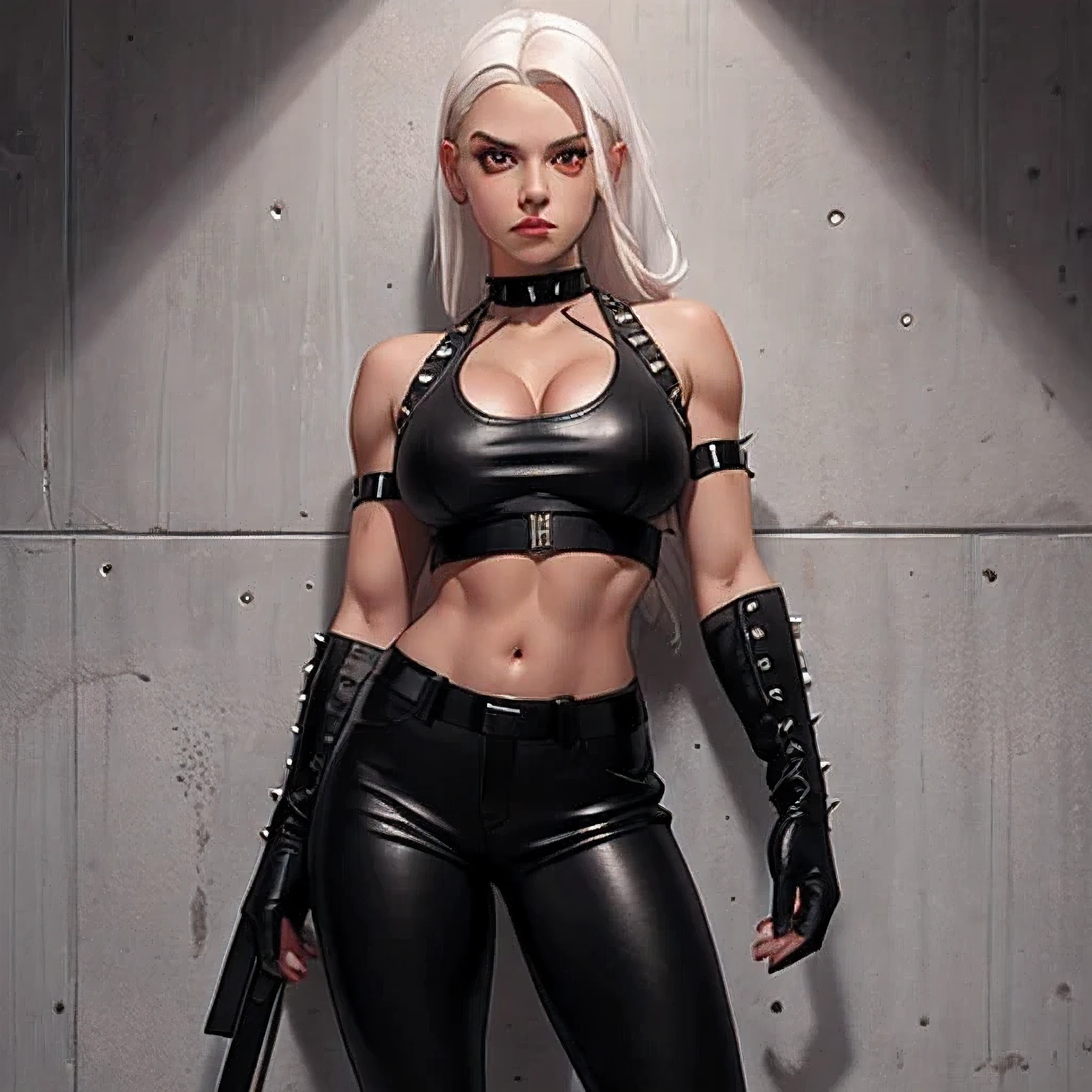 beautiful girl, military, white hair, bloody eyes, choker, cropped top, muscular abdomen, navel, black leather pants, spiked long gloves, wall, big breasts
