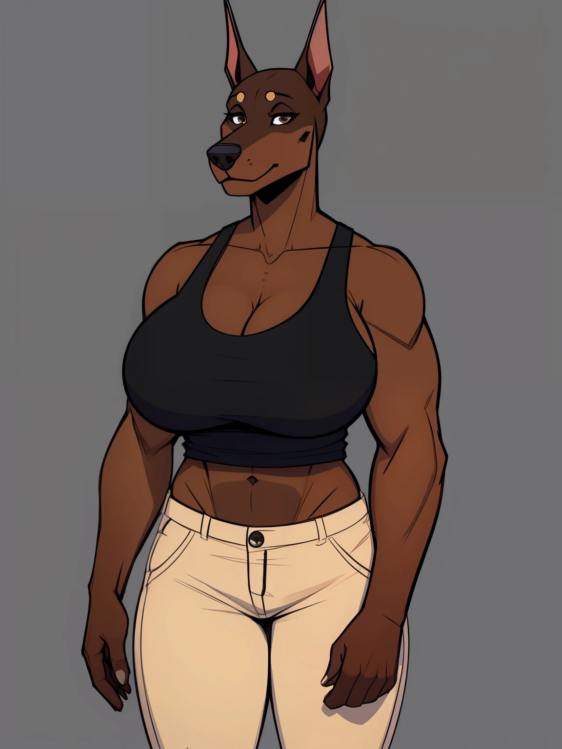 muscular_mature_doberman female dark_brown_two-tone_furry_body brown_eyes tank_top pants-less solo Masterpiece best_quality absurdres highly_detailed well_drawn_eyes anthro_only large_breasts by_greasymojo by_runawaystride by_underscore_b by_claweddrip
