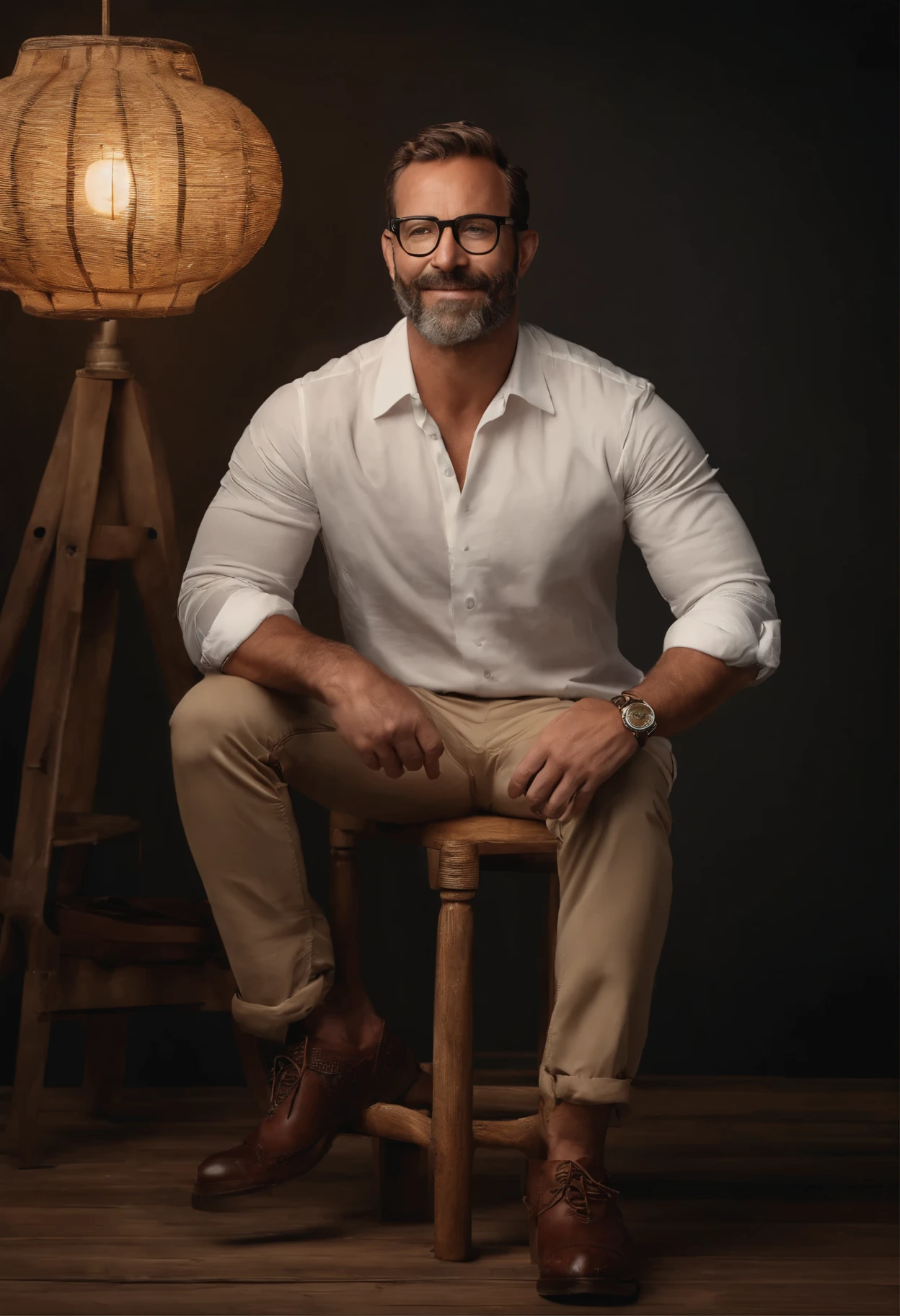 *Visualize a full-body portrait of a 40-year-old man wearing glasses, a white shirt, safari-style beige shorts with side pockets, and adventure-ready footwear. Seated on a rustic wooden high stool, he strikes a confident and masculine pose. Captured in a studio setting with a black background, global illumination enhances the intricate details of his attire and features. This professional photograph, rendered in 8K resolution, is meticulously crafted for a magazine cover, offering a compelling blend of sophistication and adventure.*
