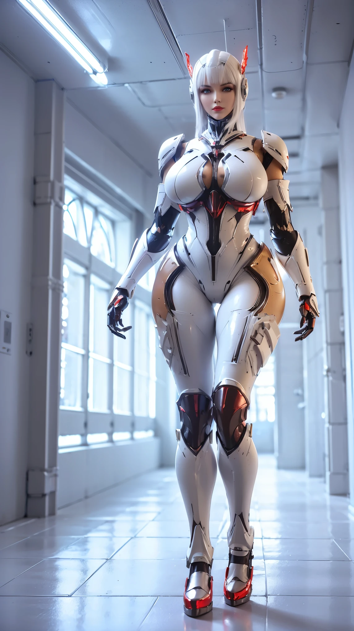 A beauty girl with white hair, (REALISTIC:1.2), (PHOENIX GOLD HELM:1.1), (BIG BUTTOCKS, HUGE FAKE BREAST:1.5), (CLEAVAGE:1.5), (BARE MUSCLE ABS:1.3), (MECHA GUARD ARMS:1.1), (RED SHINY FUTURISTIC MECHA BREASTPLATE, BLACK MECHA SKINTIGHT SUIT PANTS, MECHA GUARD ARMOR LEGS, HIGH HEELS:1.5), (MUSCULAR BODY, SWEATY SKIN, SEXY LONG LEGS:1.1), (LOOKING AT VIEWER:1.3), (female focus:0.9), (WALKING HALLWAY OF FUTURISTIC SPACE STATION:1), (BRIGHT LIGHT WHITE_ROOM:1.3), HYPER TEXTURE, 4X MSAA, UNREAL ENGINE RENDER, PHYSICALLY-BASED RENDERING, ULTRA HIGHT DEFINITION, 16K, 1080P.