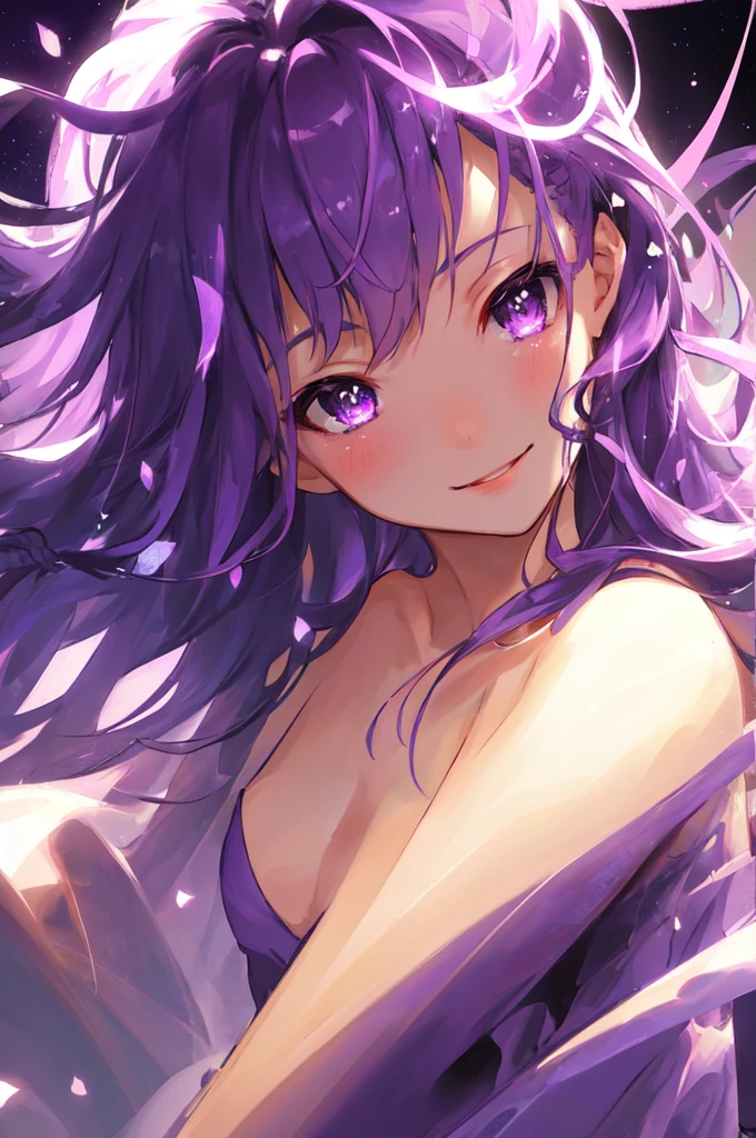 masterpiece, best quality, illustration, sax purple, 1girl, cute, (dynamic lighting:1.2), cinematic lighting, delicate facial features, detailed eyes, sharp pupils, realistic pupils, depth of field, sharp focus, (hyper-detailed, bloom, glow:1.4), high quality, smile, bright night, starry sky, purple hair, purple eyes, long hair, in a pool