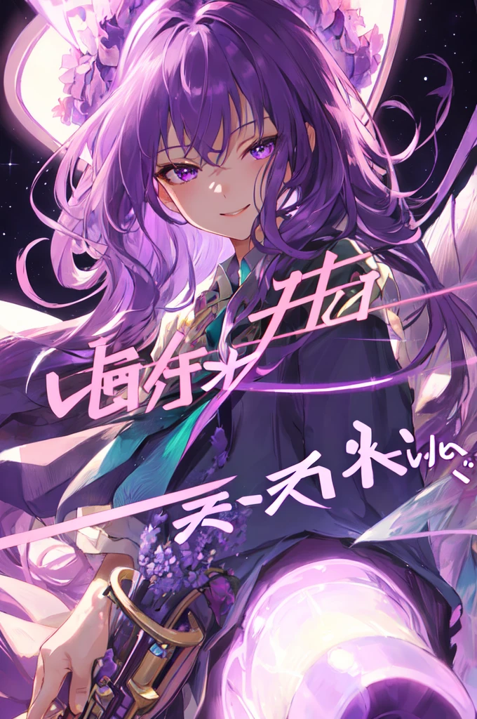 masterpiece, best quality, illustration, sax purple, 1girl, cute, (dynamic lighting:1.2), cinematic lighting, delicate facial features, detailed eyes, sharp pupils, realistic pupils, depth of field, sharp focus, (hyper-detailed, bloom, glow:1.4), high quality, smile, bright night, starry sky, purple hair, purple eyes, long hair, in a pool