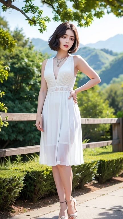 Exposing huge valleys in the background, a Nikon RAW photo captures the beauty of a 16K scene with the Fujifilm XT3 showing every detail as a masterpiece and top-quality image. The realistic and photorealistic representation highlights the independent 1girl in her 1940s upper women's fashion, adorned with high-end makeup products and a stylish expression on her face. Irene1, stunningly pretty with a bob haircut (0.6), stands proudly (standing pose), wearing a white diamond necklace and delicate, beautiful face. Her eyes and faces are detailed, revealing C-cup big breasts and full body in the