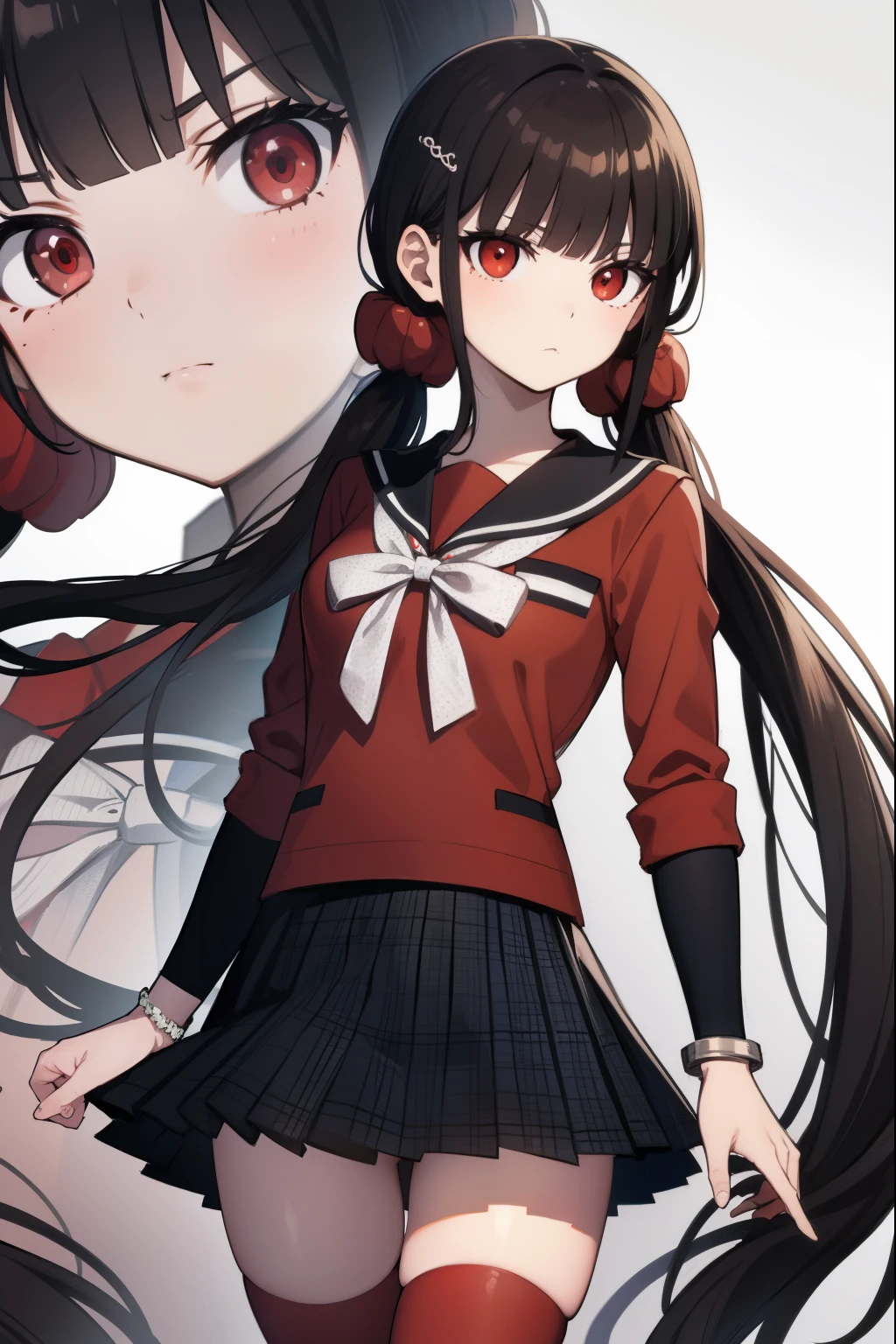 makiharukawa, harukawa maki, long hair, bangs, brown hair, black hair, hair ornament, (red eyes:1.5), twintails, very long hair, hairclip, blunt bangs, mole under eye, low twintails, scrunchie, hair scrunchie, red scrunchie, (small breast:1.2), BREAK skirt, shirt, thighhighs, long sleeves, bow, school uniform, pleated skirt, serafuku, miniskirt, black skirt, sailor collar, mole, bracelet, zettai ryouiki, plaid, plaid skirt, red shirt, black sailor collar, red thighhighs, BREAK looking at viewer, BREAK outside, beach, BREAK (masterpiece:1.2), best quality, high resolution, unity 8k wallpaper, (illustration:0.8), (beautiful detailed eyes:1.6), extremely detailed face, perfect lighting, extremely detailed CG, (perfect hands, perfect anatomy),