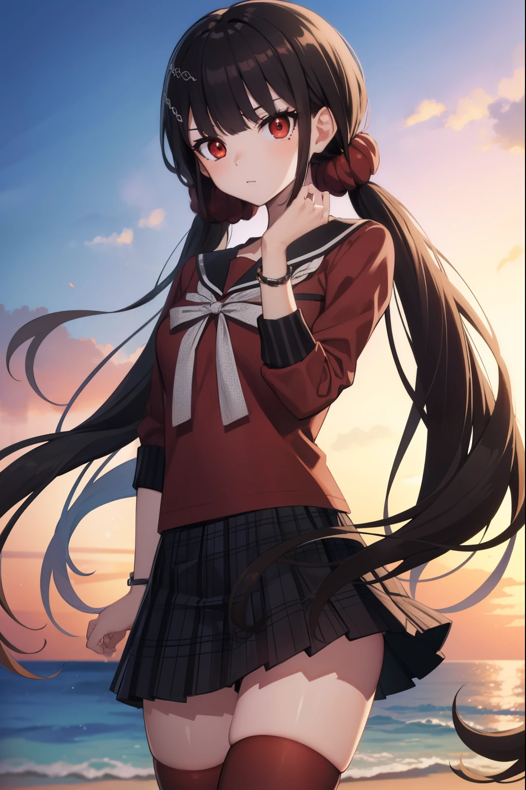 makiharukawa, harukawa maki, long hair, bangs, brown hair, black hair, hair ornament, (red eyes:1.5), twintails, very long hair, hairclip, blunt bangs, mole under eye, low twintails, scrunchie, hair scrunchie, red scrunchie, (small breast:1.2), BREAK skirt, shirt, thighhighs, long sleeves, bow, school uniform, pleated skirt, serafuku, miniskirt, black skirt, sailor collar, mole, bracelet, zettai ryouiki, plaid, plaid skirt, red shirt, black sailor collar, red thighhighs, BREAK looking at viewer, BREAK outside, beach, BREAK (masterpiece:1.2), best quality, high resolution, unity 8k wallpaper, (illustration:0.8), (beautiful detailed eyes:1.6), extremely detailed face, perfect lighting, extremely detailed CG, (perfect hands, perfect anatomy),