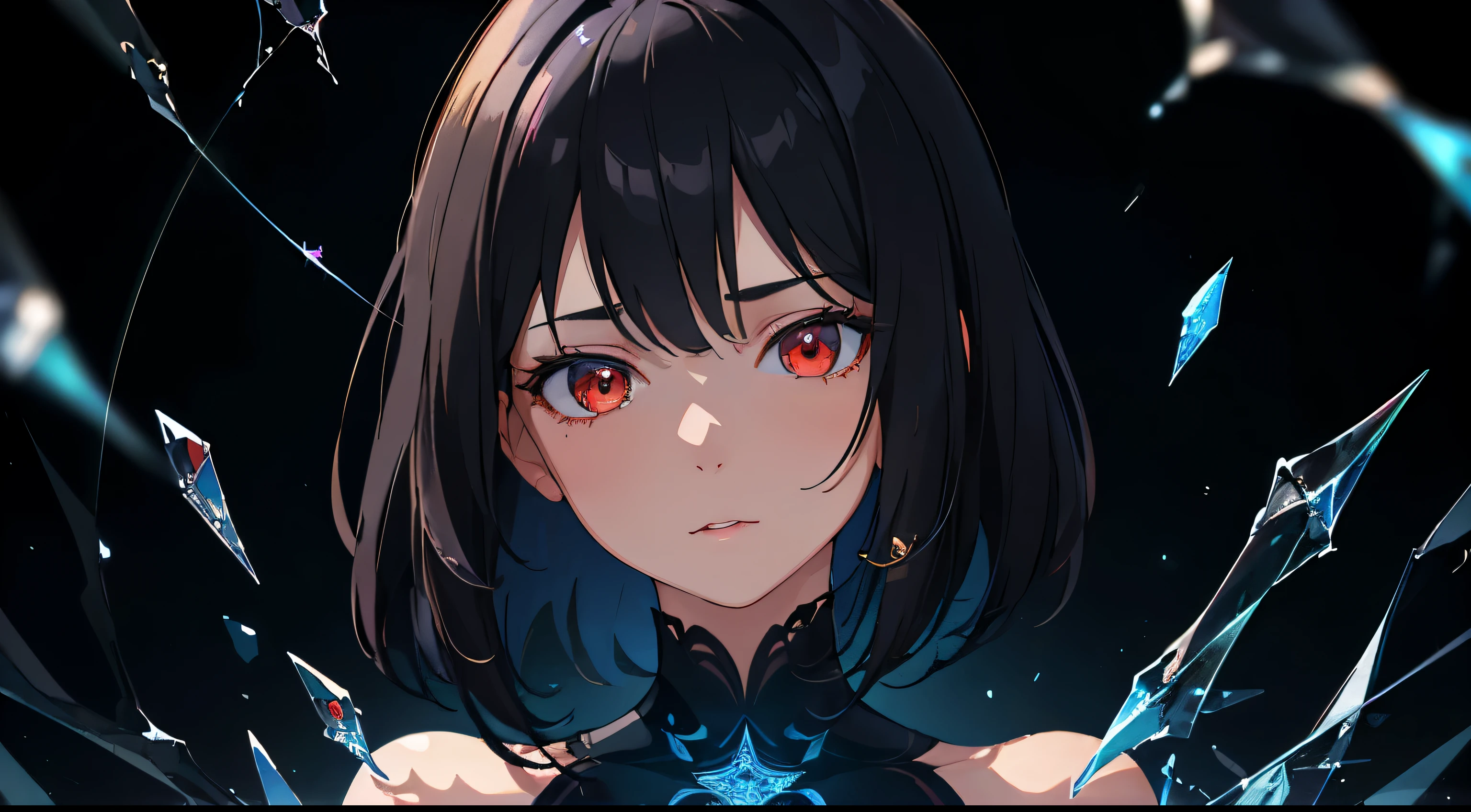 (masterpiece, best quality, ultra-detailed, best shadow), (detailed background,dark fantasy), (beautiful detailed face), high contrast, (best illumination, an extremely delicate and beautiful), ((cinematic light)), colorful, hyper detail, dramatic light, intricate details, (1 girl, solo,black hair, sharp face,short hair,red eyes, hair between eyes,dynamic angle), blood splatter, swirling black light around the character, depth of field,black light particles,(broken glass),magic circle,