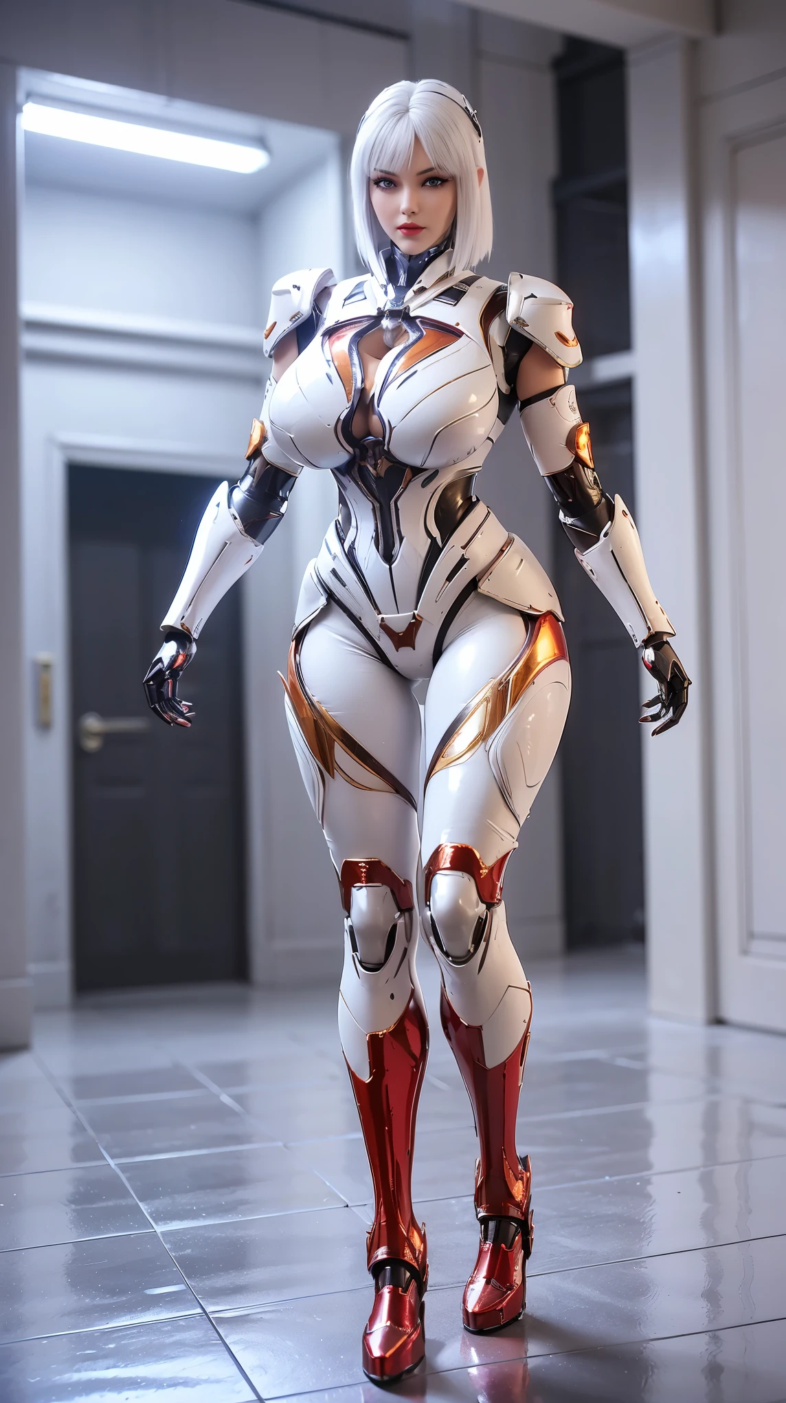 A beauty girl with white hair, (REALISTIC:1.2), (PHOENIX GOLD HELM:1.1), (BIG BUTTOCKS, HUGE FAKE BREAST:1.5), (CLEAVAGE:1.5), (BARE MUSCLE ABS:1.3), (MECHA GUARD ARMS:1.1), (RED SHINY FUTURISTIC MECHA BREASTPLATE, BLACK MECHA SKINTIGHT SUIT PANTS, MECHA GUARD ARMOR LEGS, HIGH HEELS:1.5), (MUSCULAR BODY, SWEATY SKIN, SEXY LONG LEGS:1.1), (LOOKING AT VIEWER:1.3), (female focus:0.9), (WALKING HALLWAY OF FUTURISTIC SPACE STATION:1), (BRIGHT LIGHT WHITE_ROOM:1.3), HYPER TEXTURE, 4X MSAA, UNREAL ENGINE RENDER, PHYSICALLY-BASED RENDERING, ULTRA HIGHT DEFINITION, 16K, 1080P.