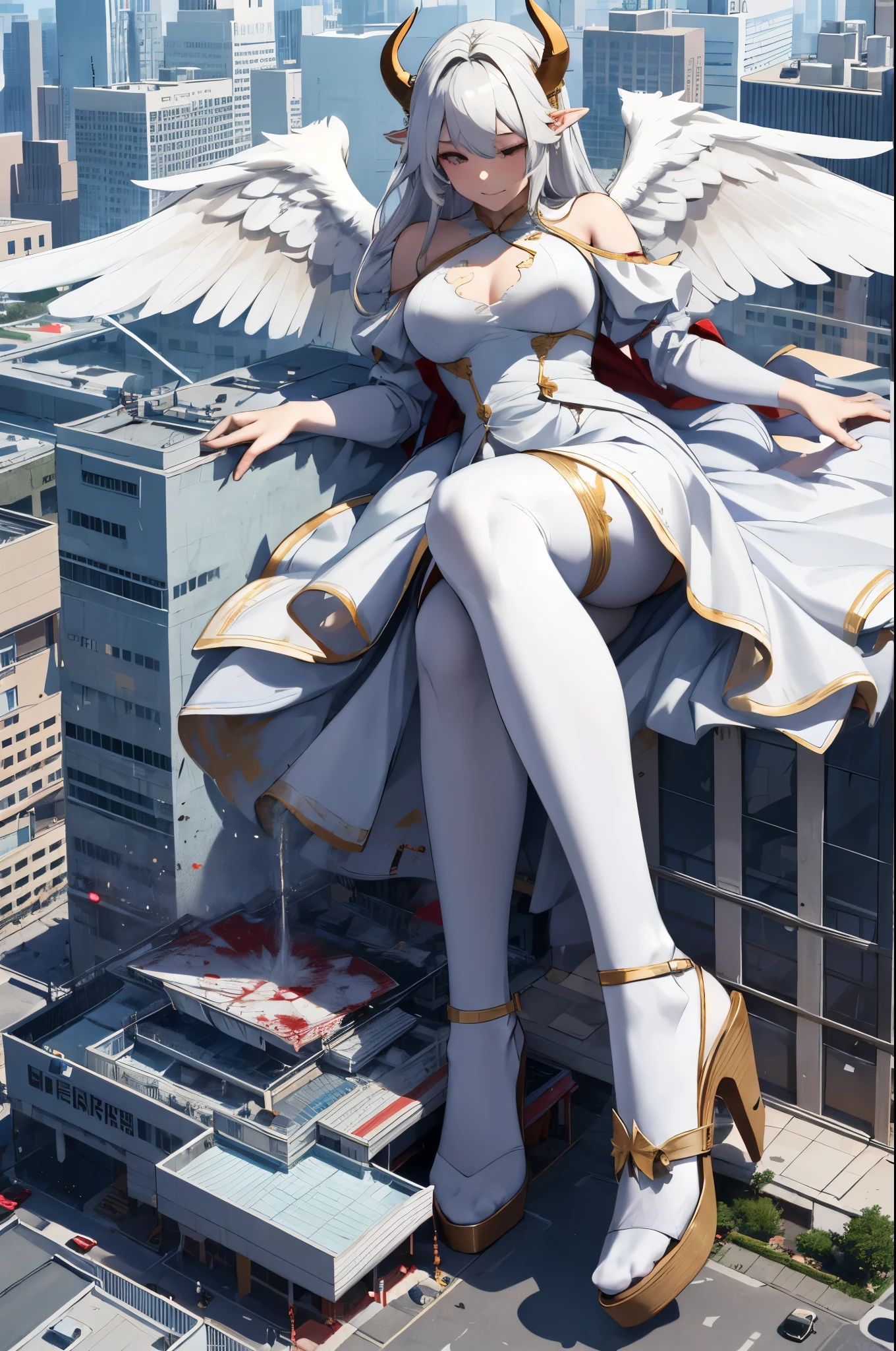 Aerial View,giant girl 50,000 feet high,Have a pair of long legs,Has a pair of huge angel wings,With huge devil horns on his head,Has white waist-length hair,loose hair,Wearing a pair of Mary Jane heels,white wavy hair,lace gloves,lace pantyhose,蕾丝whole body,leaning upright on a tall building,城市到处是blood stains,Beautiful appearance,Exquisite makeup,quality,8k,高quality,(governor:1.5),Perfect proportion, Cinema lighting,film grain,Fuji colors,8k,textured skin,Super details,high detail,high resolution,explode,fake smile,blood stains,脚底有blood stains,whole body,Fat stature
