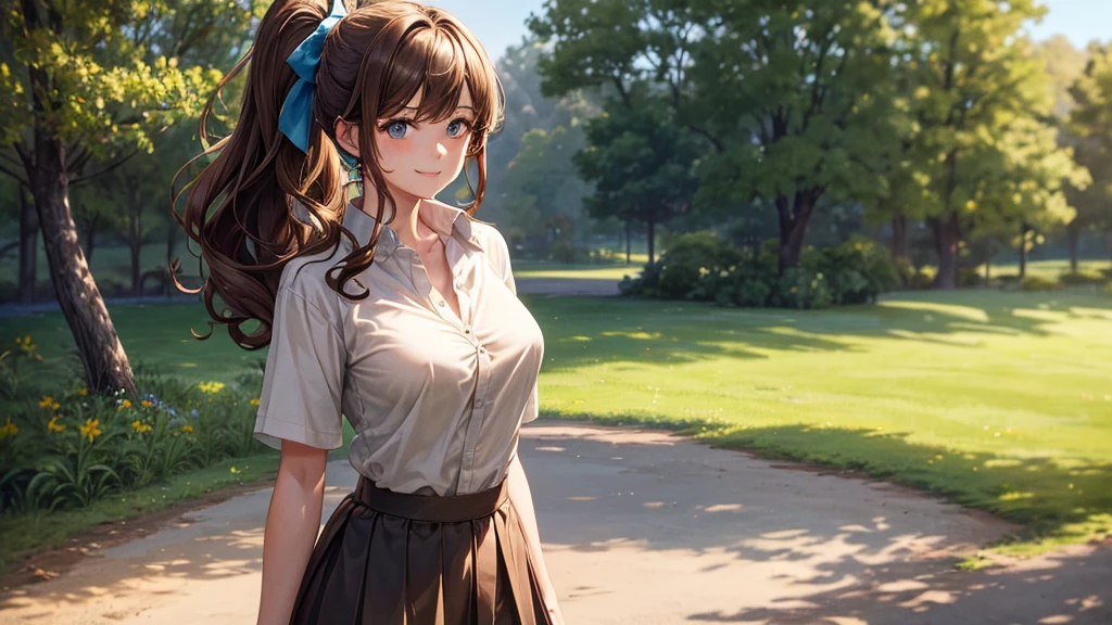 1girl, full body, solo, summer, village, trees, sun, clouds, ((brown hair)), ponytail, large breasts, ((black blazer)), button down shirt, ((blue floral pattern shirt)), ((short sleeved shirt)), ((unbuttoned shirt)), unbuttoning buttons, cleavage 1:3, brown eyes, skirt, smile, looking at the viewer, standing, hair ribbon, golden necklate, shoulder bag