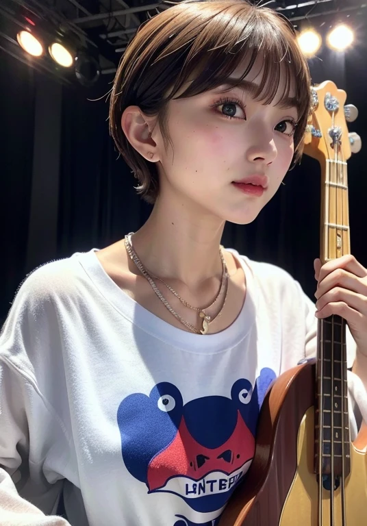 ((highest quality))、(Masseter muscle part:1.4)、Raw photo、8K、((best image quality))、 ((High resolution))、Beautiful face in every detail、realistic human skin、gentle expression、(one woman:1.57)、realistic、Photoreal、(short hair:1.4)、(Beautiful woman)、(cute日本の女の子達)、((Beautiful woman))、(beautiful hair)、(dark brown hair)、(((red cheeks)))、((her eyes are big))、20 year old beauty、(small face:1.6)、small head、((long neck))、white skin、spotless skin、With bangs、everyone admires、日本のBeautiful womanモデル、(8 heads tall)、(necklace)、((music festival))、blue sky、look at the camera、cute、Everyone admires her、(There are celebrities)、(Bass guitar:1.3)、Wristband、((concert t-shirt))、The center of attention of the crowd、(oversized clothes:1.3)、everyone will love her、((on stage))、(she has many fans:1.4)、