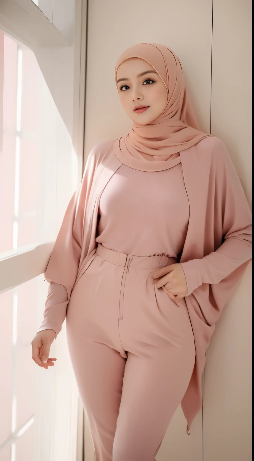 mira filzah sexy seducing pose, sunrise beach, morninira filzah:1.6), wearing hijab, pastel color hijab, red pastel short gym outfit, small , small breast, flat chest, wide waist, thick thighs, bright lighting, plum camel toe, wet camel toe, wet, high quality, detail face, 16k, ray lighting,