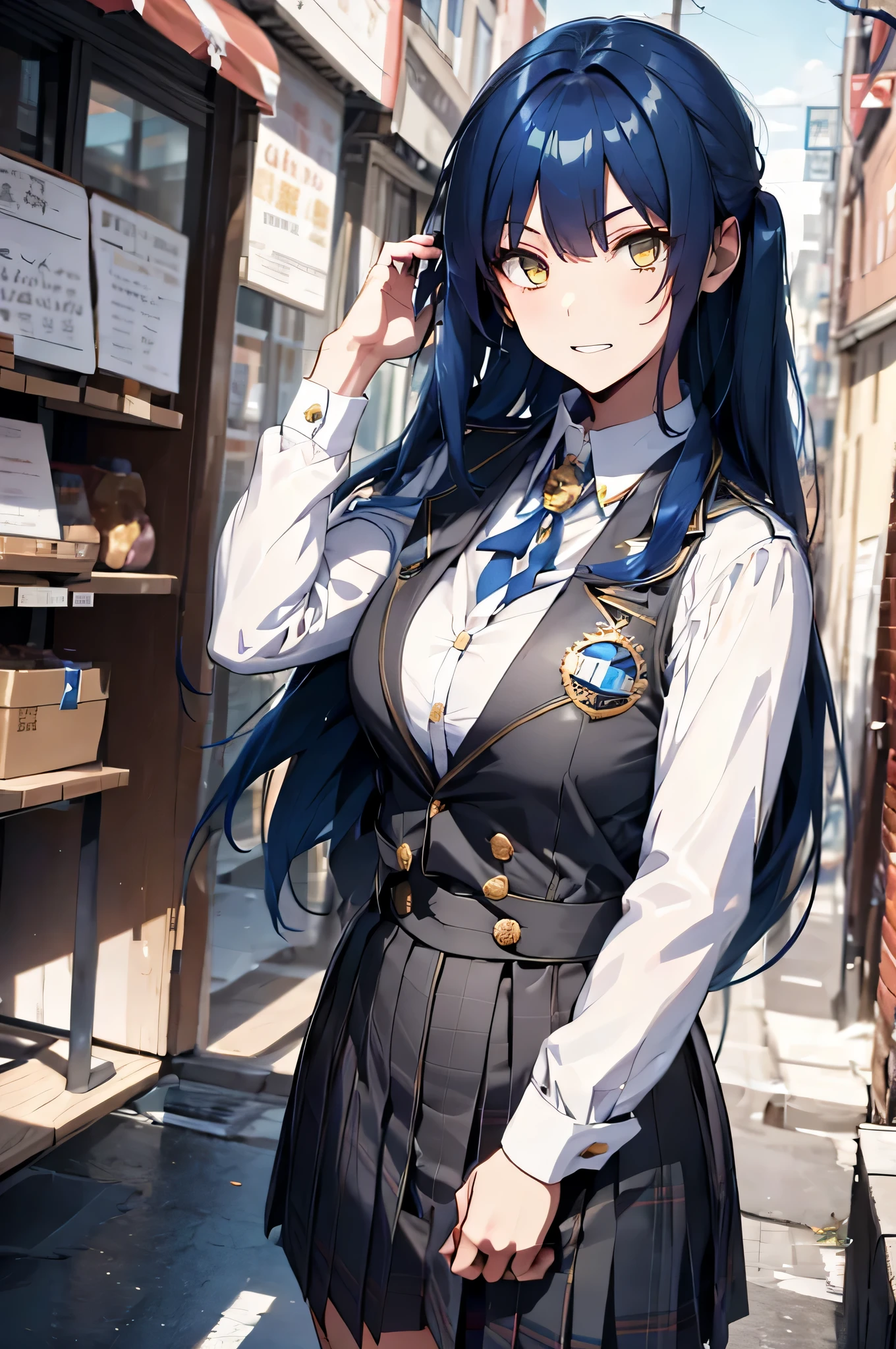 long hair, blue hair, yellow eyes, (twintails:1.1) blue suit, skirt, shirt, school uniform, badge on the chest
