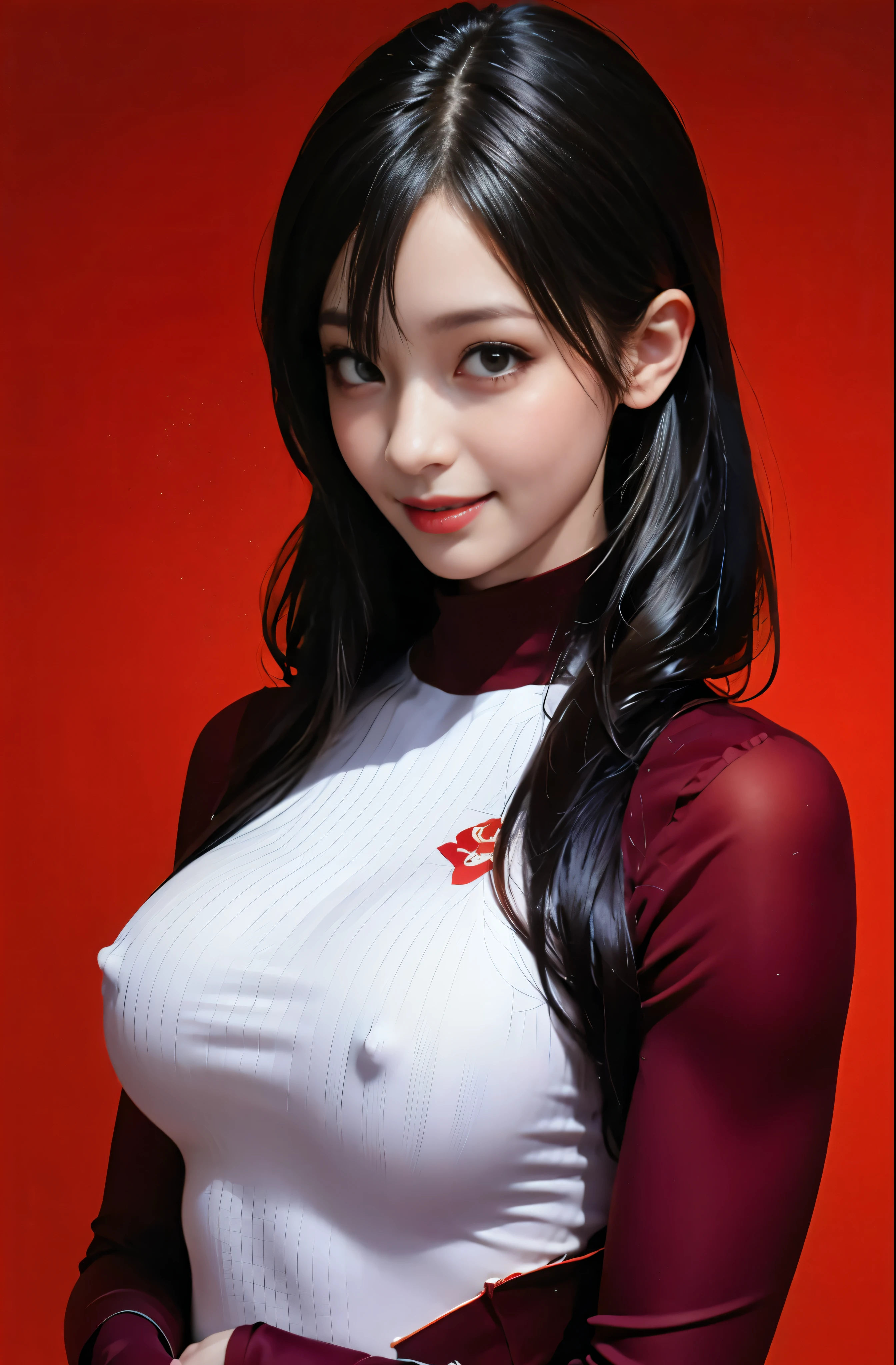 {{8k}, {super detail}, {ccurate}, {best quality}},{1girl:smlie, turtleneck sweater},simple background, red background,