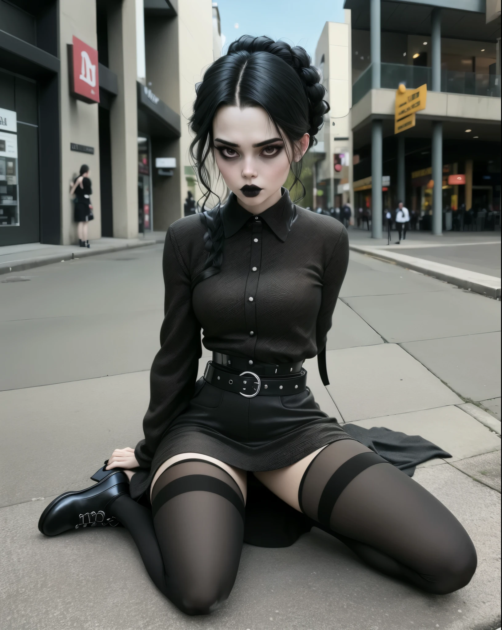 araffe dressed in black and grey sitting on the ground, goth girl aesthetic, goth aesthetic, goth girl, darkwave goth aesthetic, 1 7 - year - old goth girl, gothic horror vibes, goth style, gothic aesthetic, 1 7 - year - old anime goth girl, goth vibe, ominous gothic aesthetic, gothic girl, goth woman, mall goth, gothic style