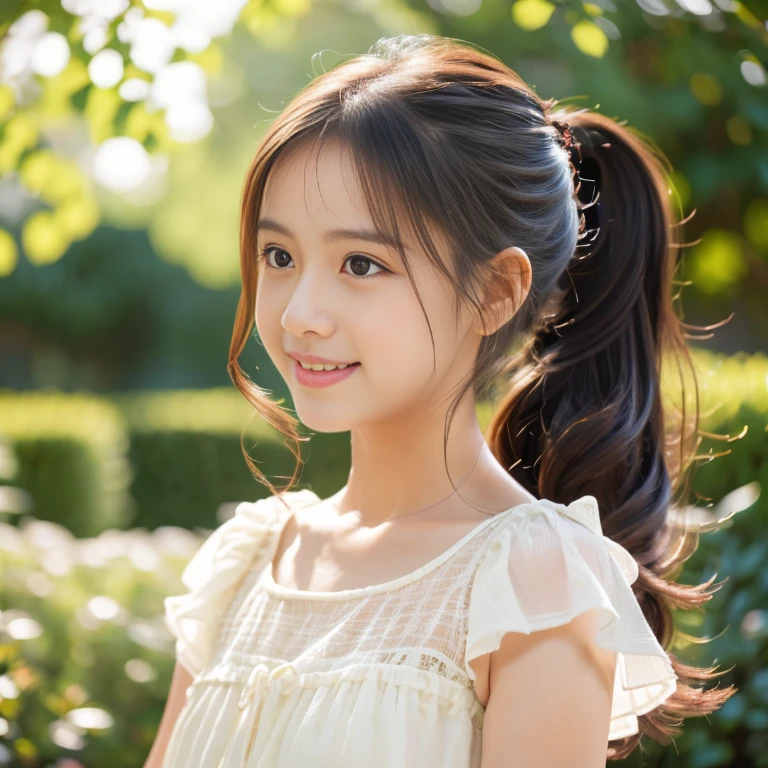 portrait,illustration,pastel colors,hair flowing in the breeze,garden background,young girl with a ponytail wearing a white dress,detailed eyes,slight smile,bright and dreamy lighting,soft and romantic atmosphere,subtle hints of sunlight filtering through the trees